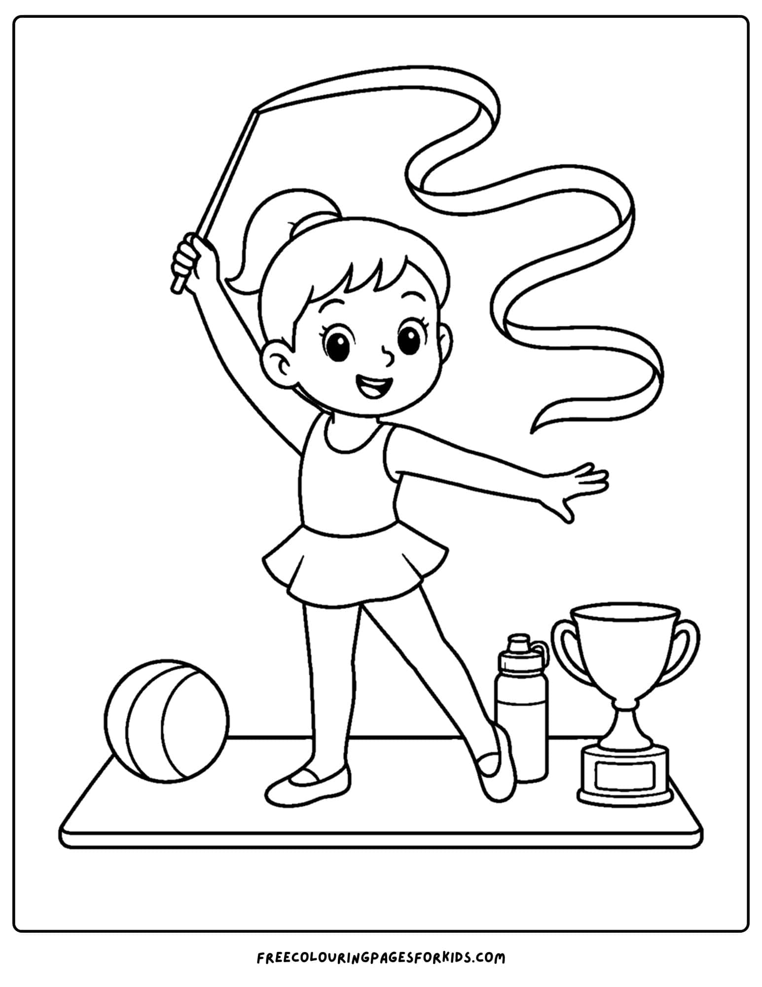 a gymnastics coloring page showing a gymnast doing a ribbon dance