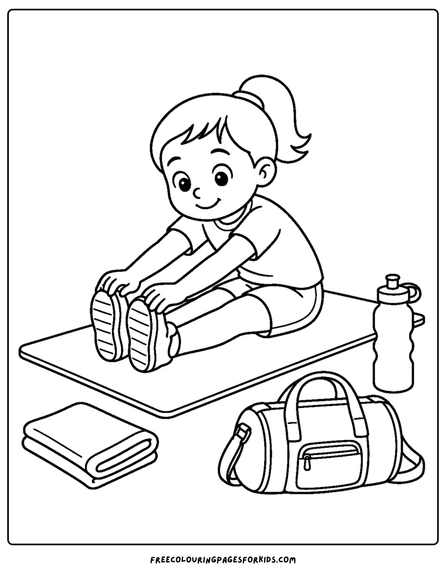a gymnastics coloring page showing a gymnast stretching in a seated pike position