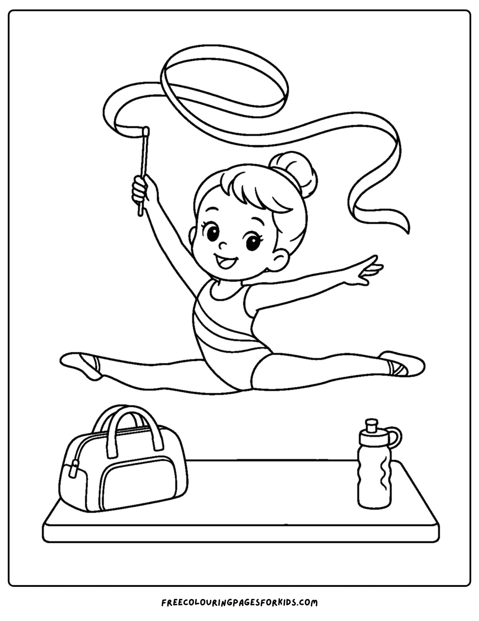 a gymnastics coloring page showing a gymnast practicing their routine with a ribbon