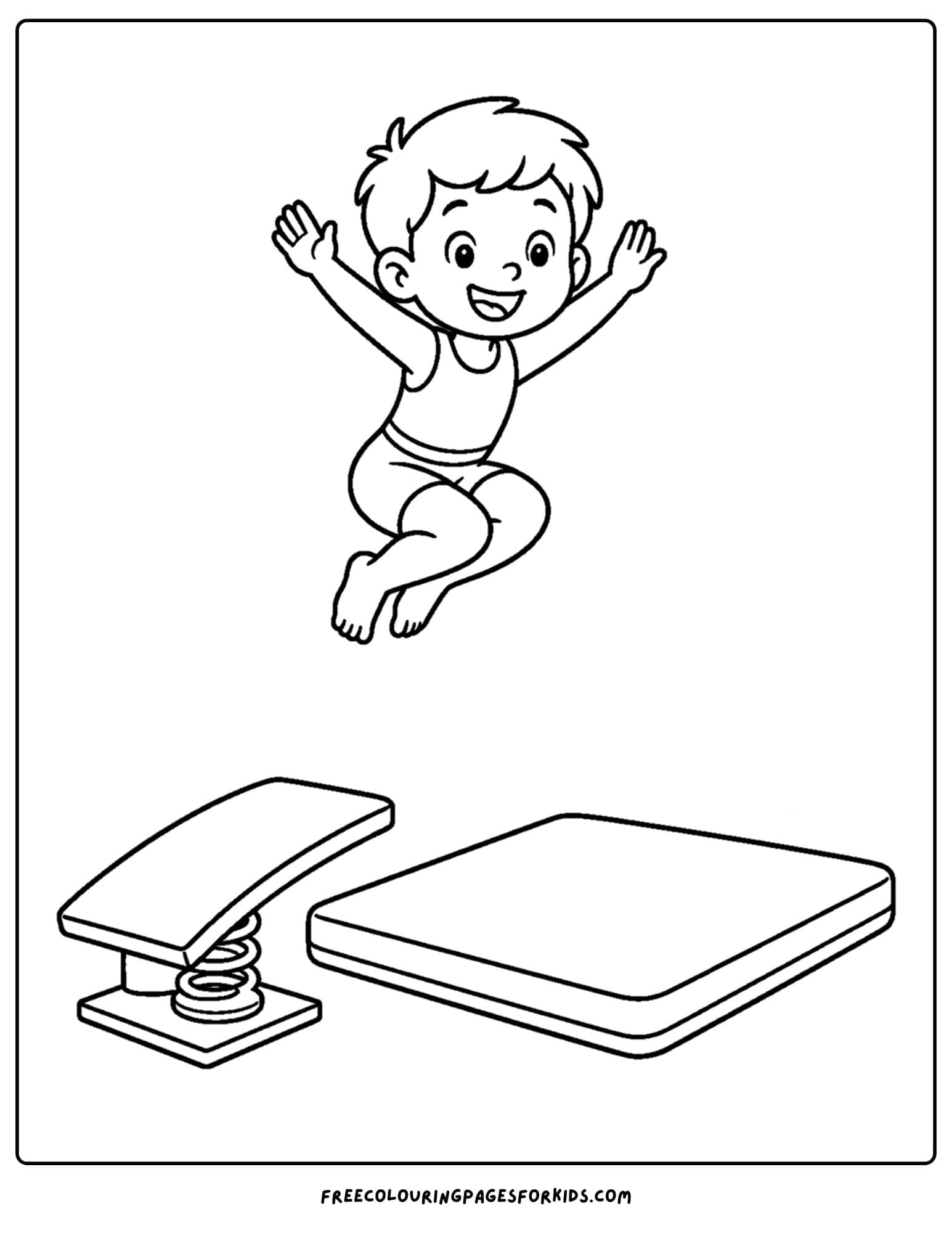 a gymnastics coloring page showing a gymnast using a springboard