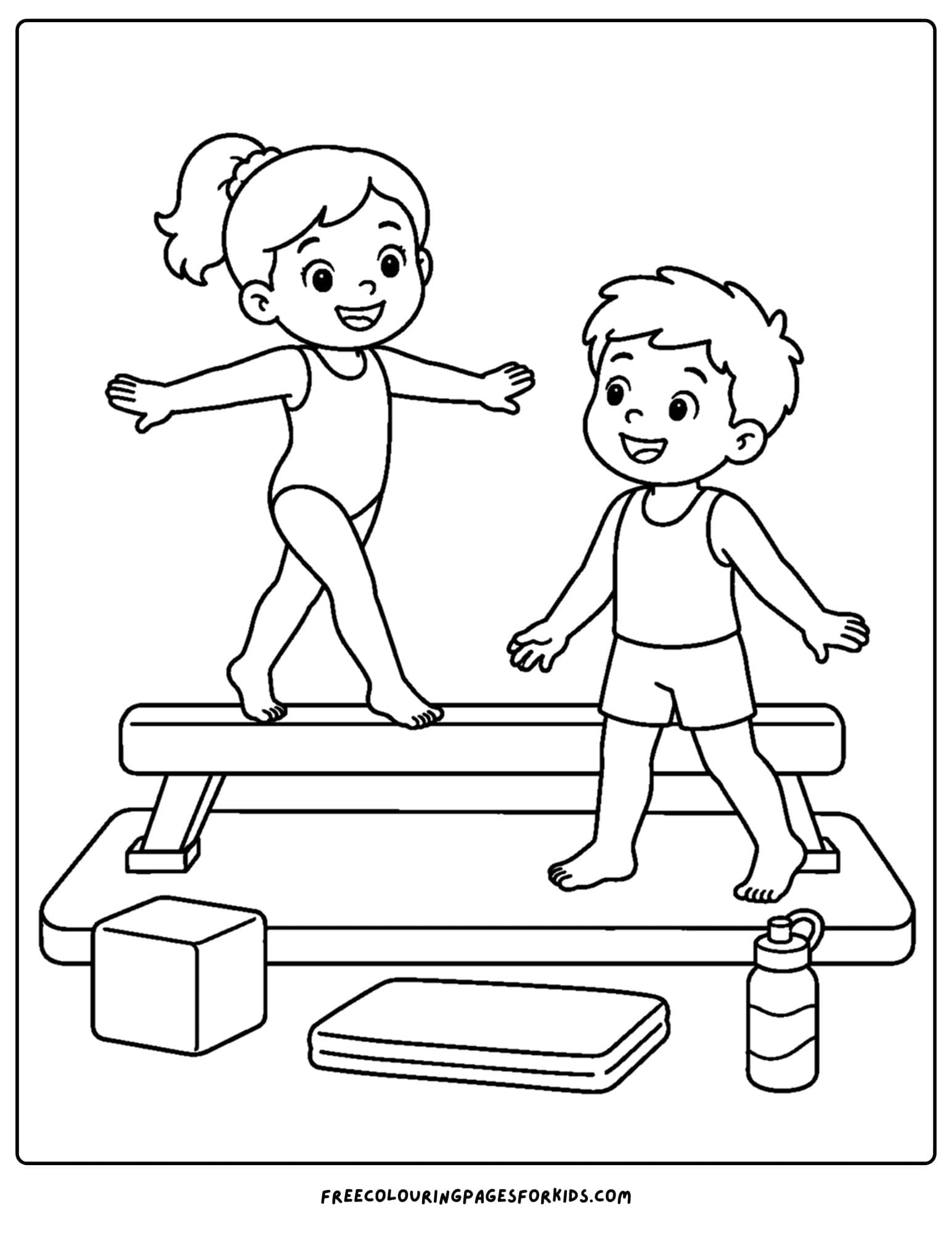 a gymnastics coloring page showing a gymnast balancing on a beam