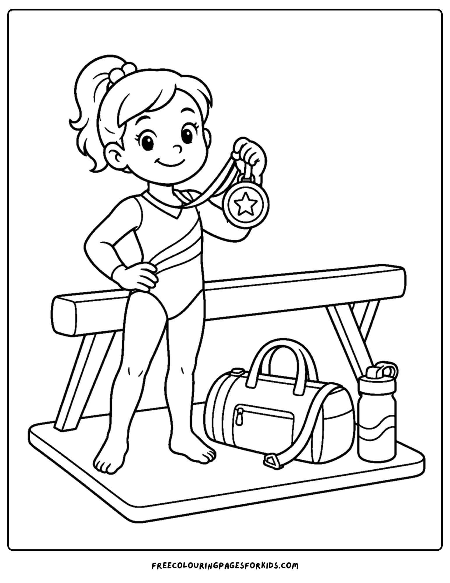 a gymnastics coloring page showing a gymnast beside a balance beam holding a a medal