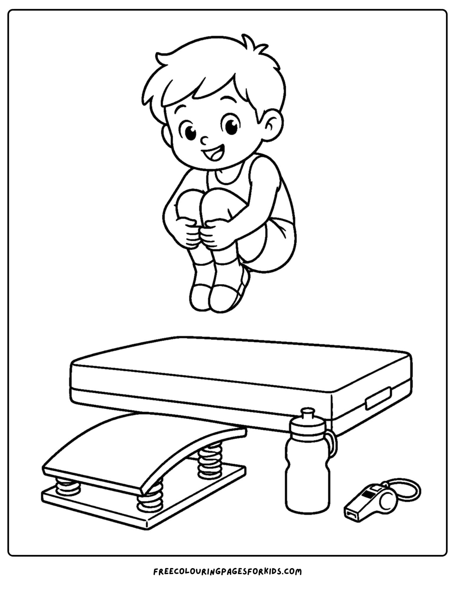 a gymnastics coloring page showing a gymnast jumping and tucking