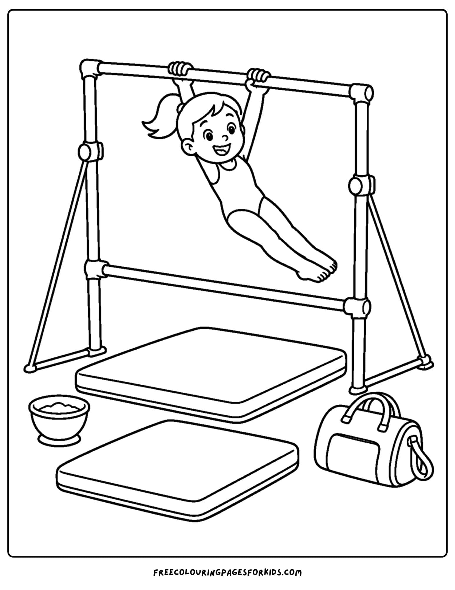 a gymnastics coloring page showing a gymnast on the uneven bars
