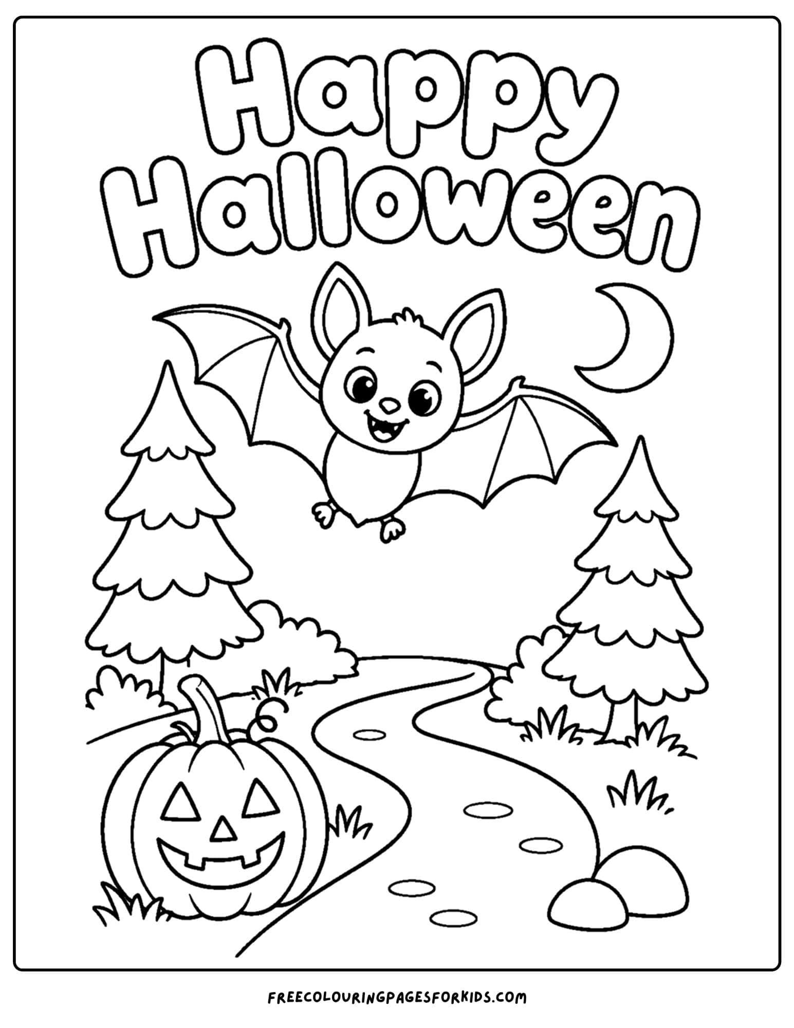 a halloween coloring page of a bat in the forest