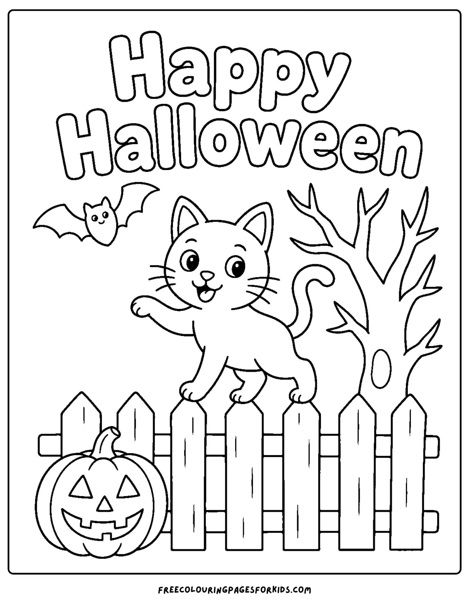 a halloween coloring page of a cat on a fence
