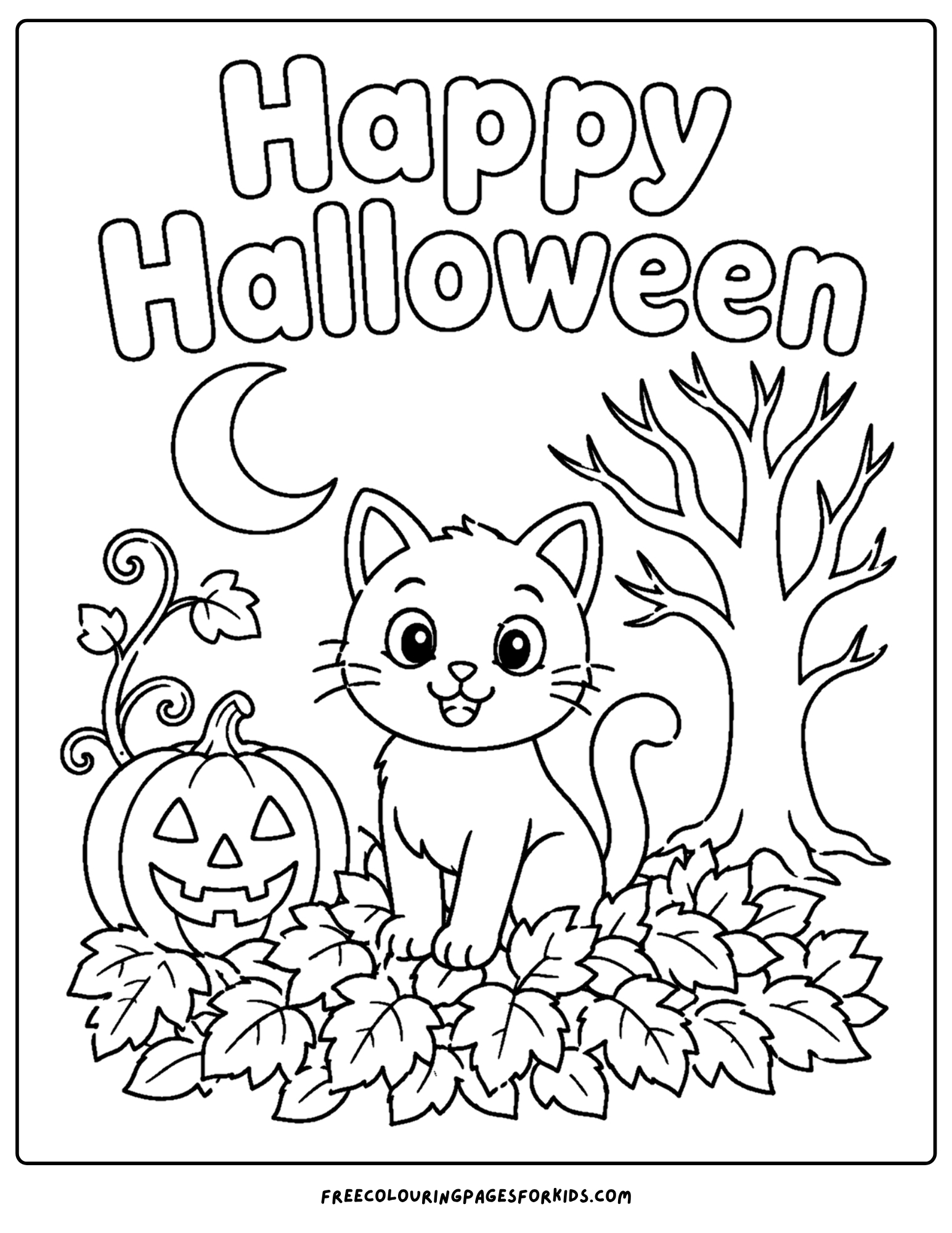 a halloween coloring page of a cat on a leaf pile