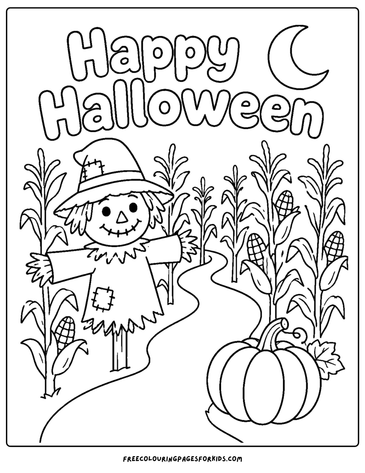 a halloween coloring page of a scarecrow in a corn maze