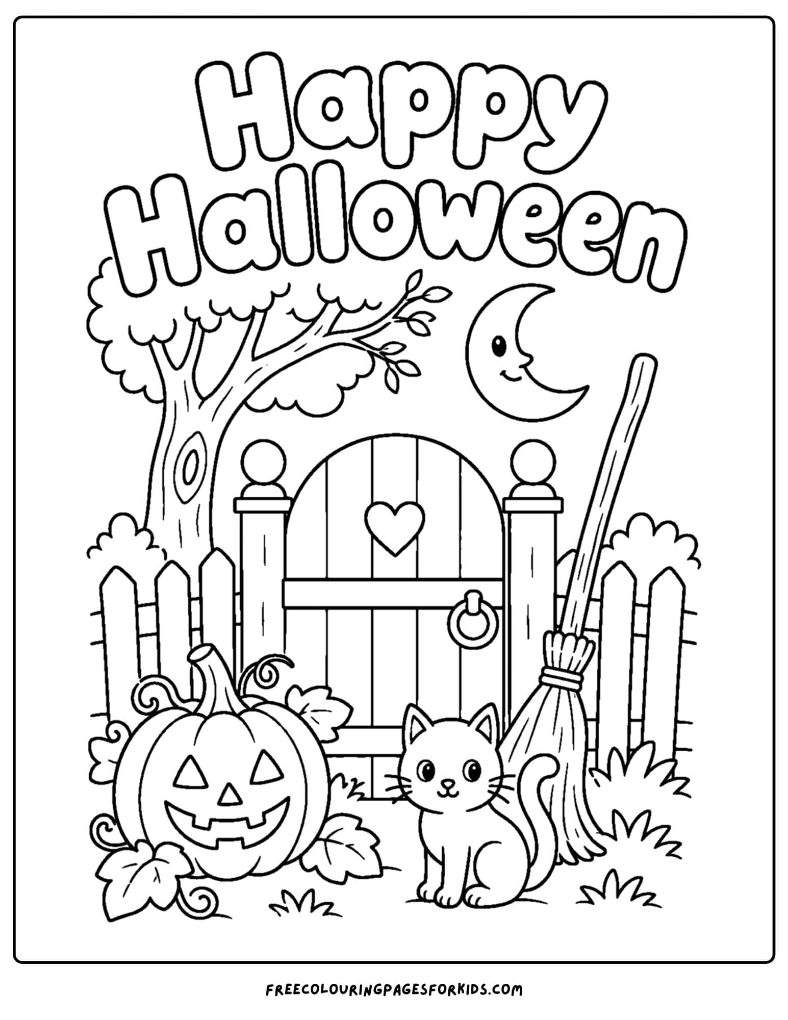 a halloween coloring page of a spooky garden gate