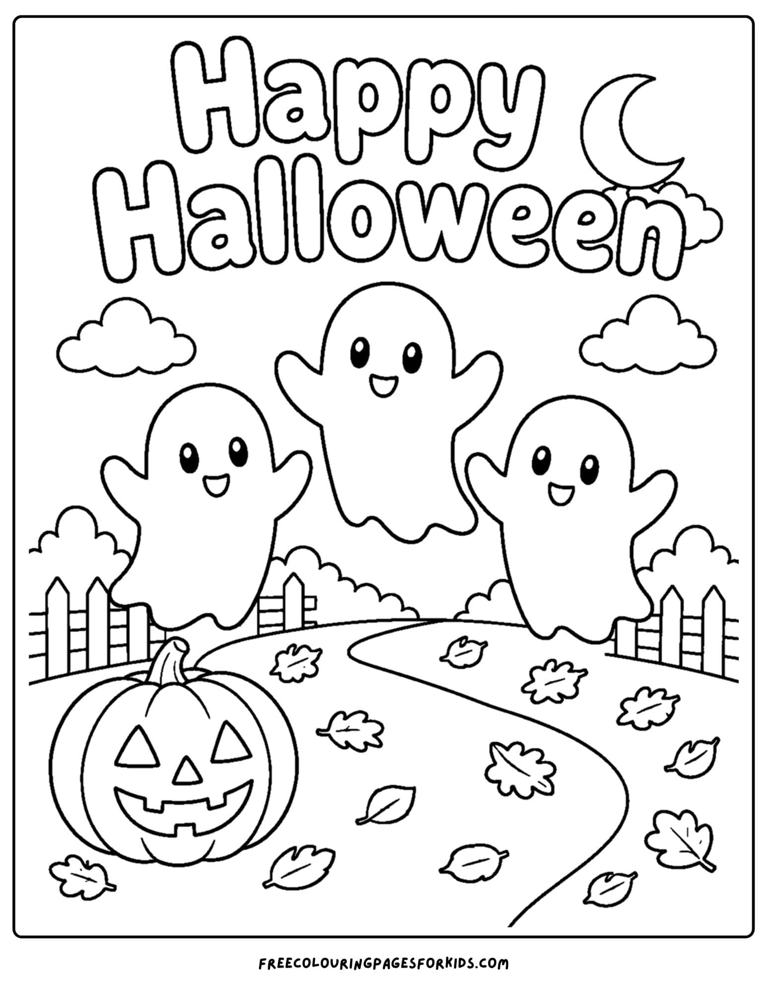 a halloween coloring page of ghosts on a path