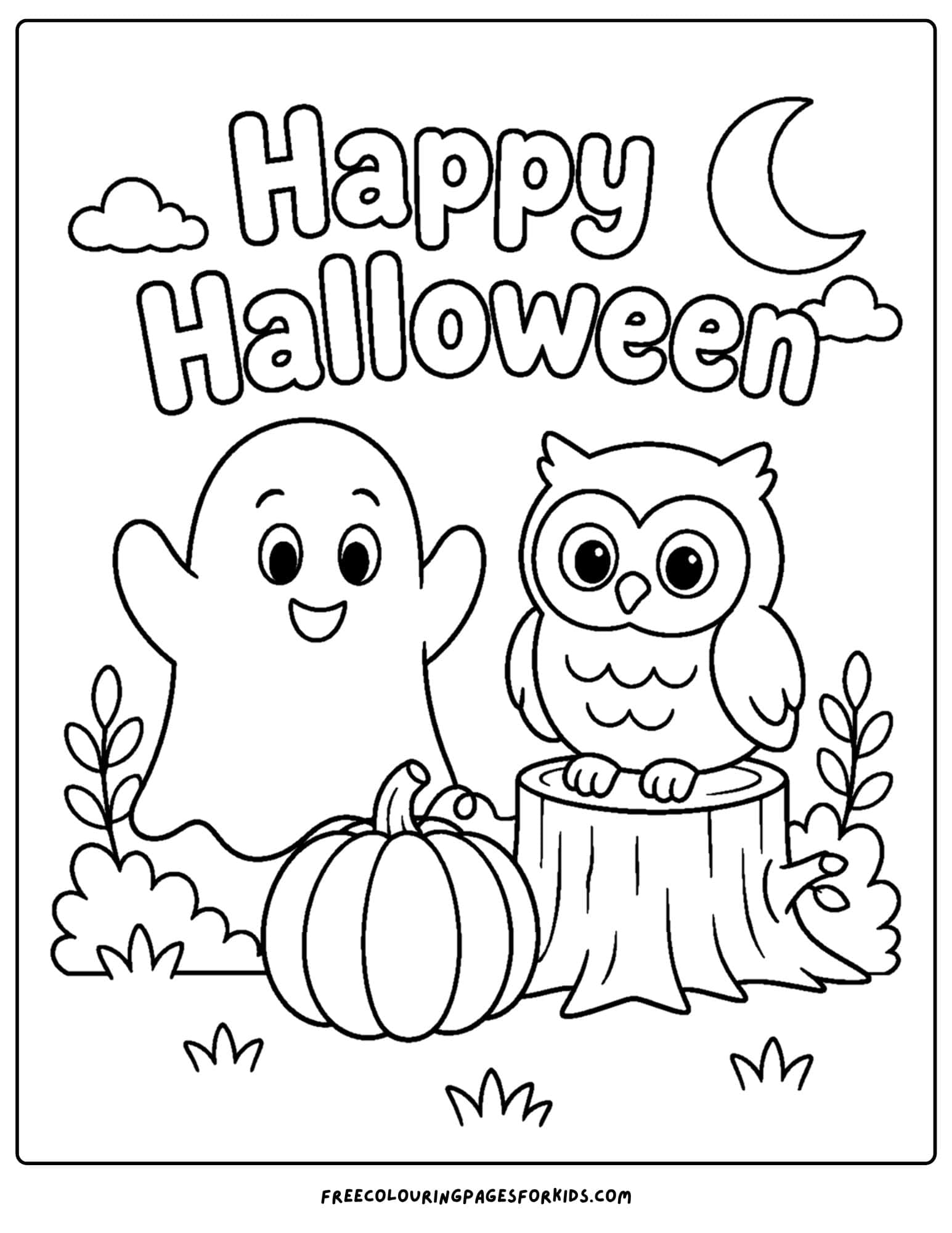 a halloween coloring page of a ghost with an owl