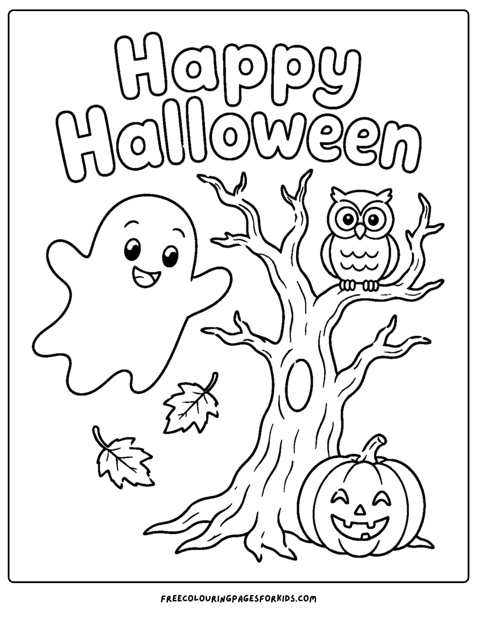 a halloween coloring page of a ghost beside an owl