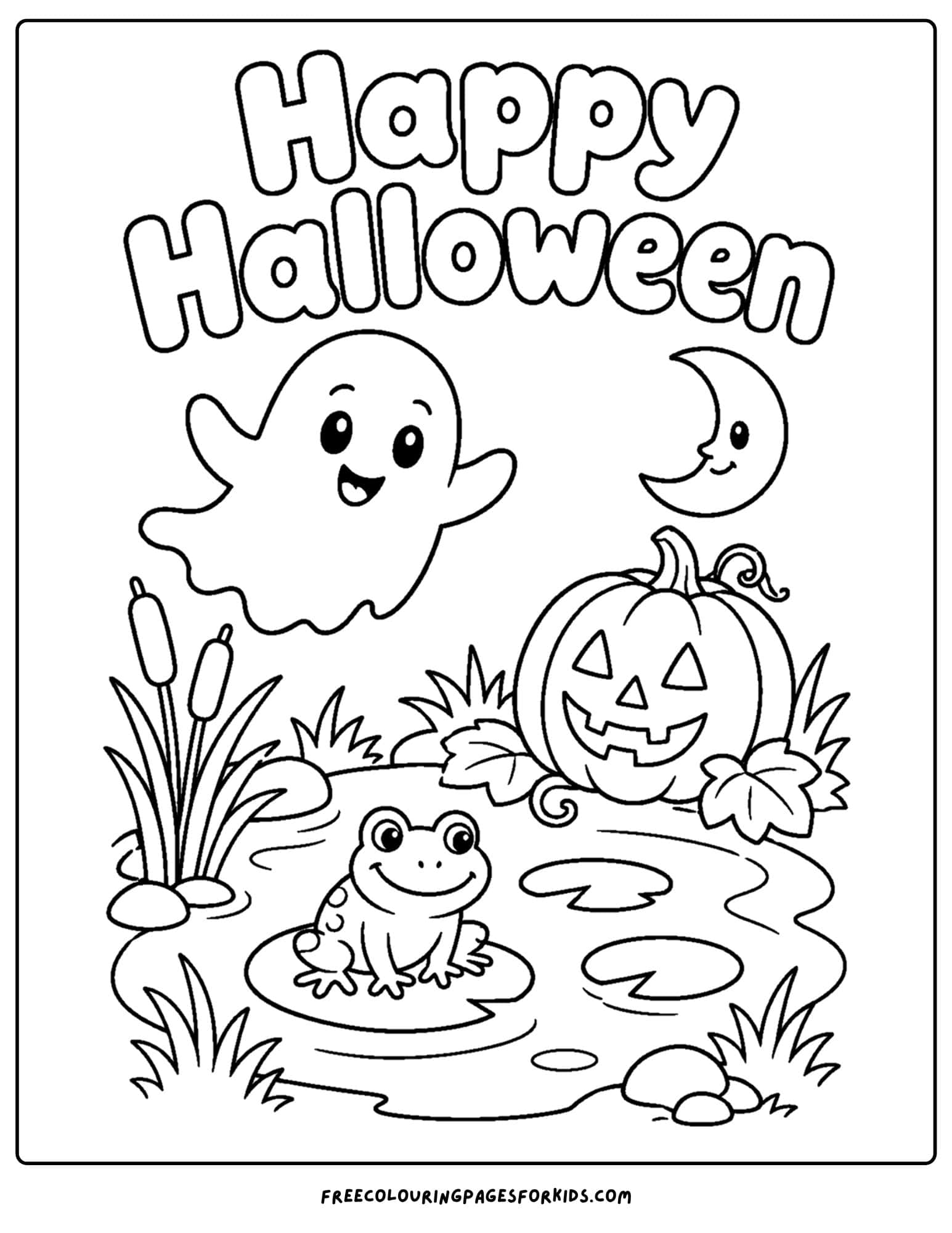a halloween coloring page of a ghost going over a pond