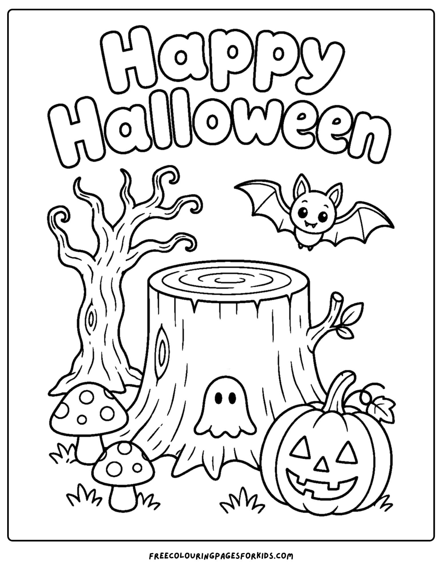 a halloween coloring page of a tree stump and spooky tree with pumpkins