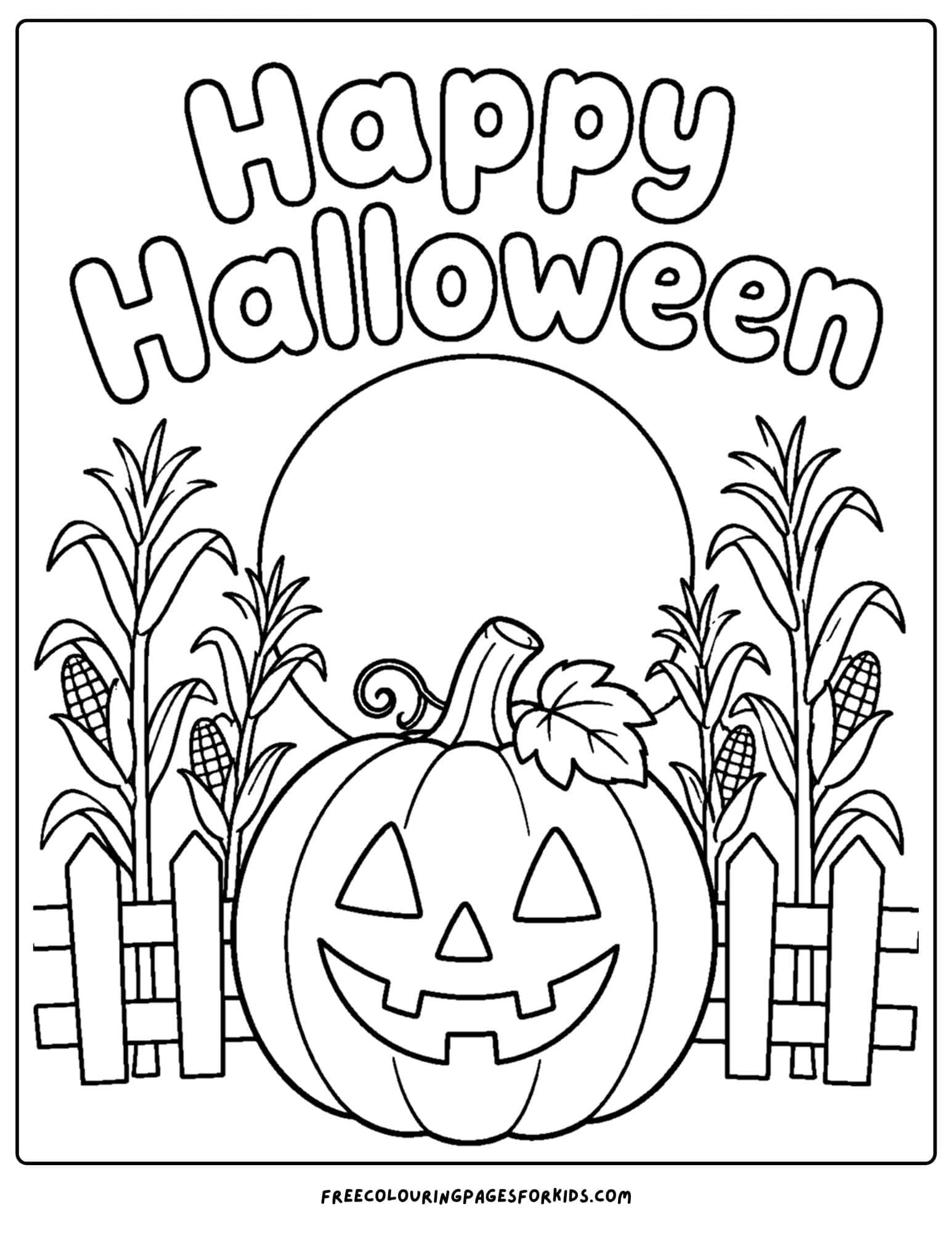 a halloween coloring page of a harvest moon over a cornfield