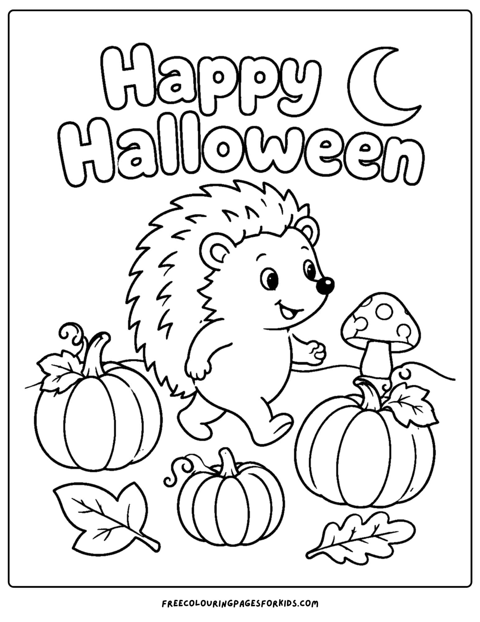 a halloween coloring page of a hedgehog in a pumpkin patch