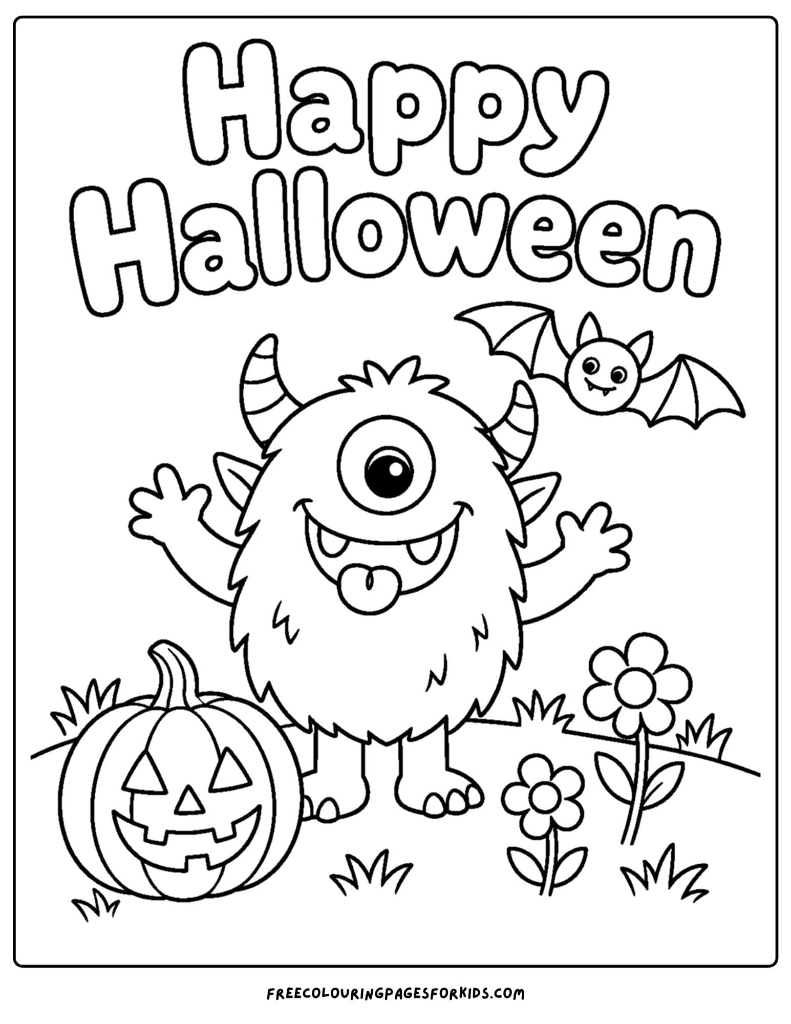 a halloween coloring page of a monster in a meadow