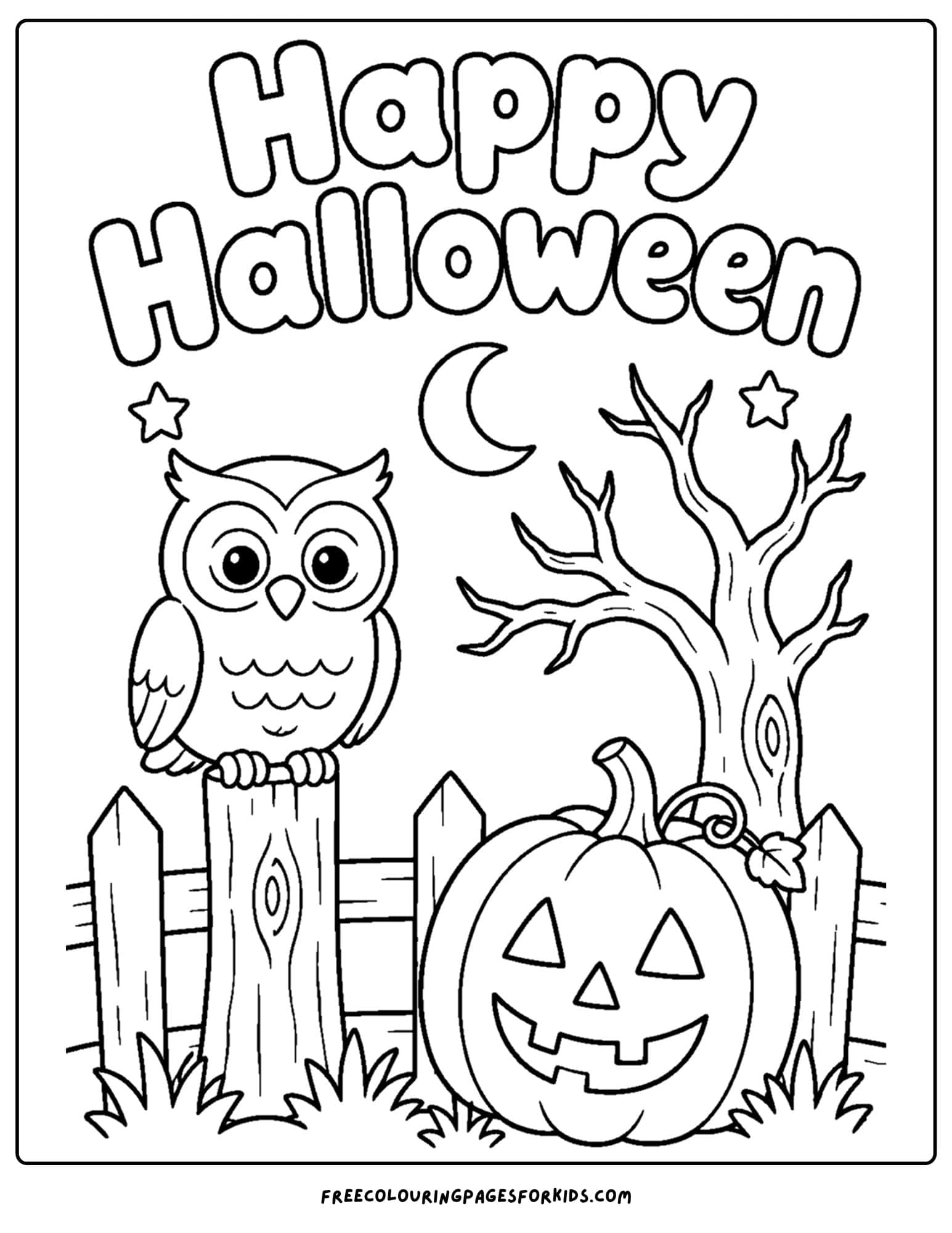 a halloween coloring page of an owl on a fence beside a spooky tree