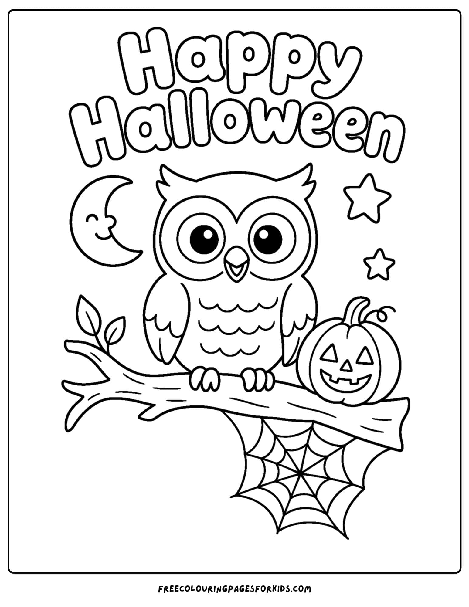 a halloween coloring page of an owl on a branch with a spiderweb below