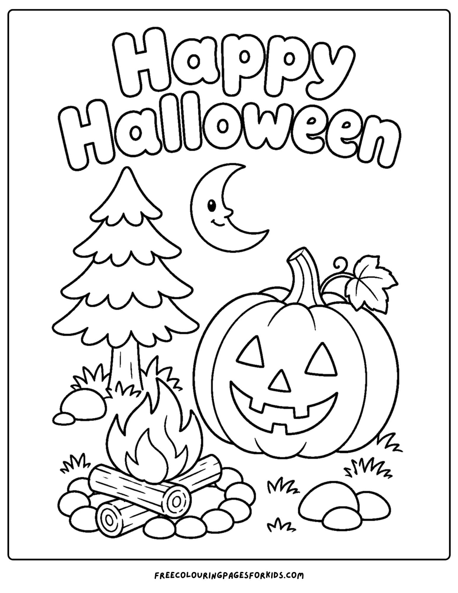 a halloween coloring page of a pumpkin beside a campfire