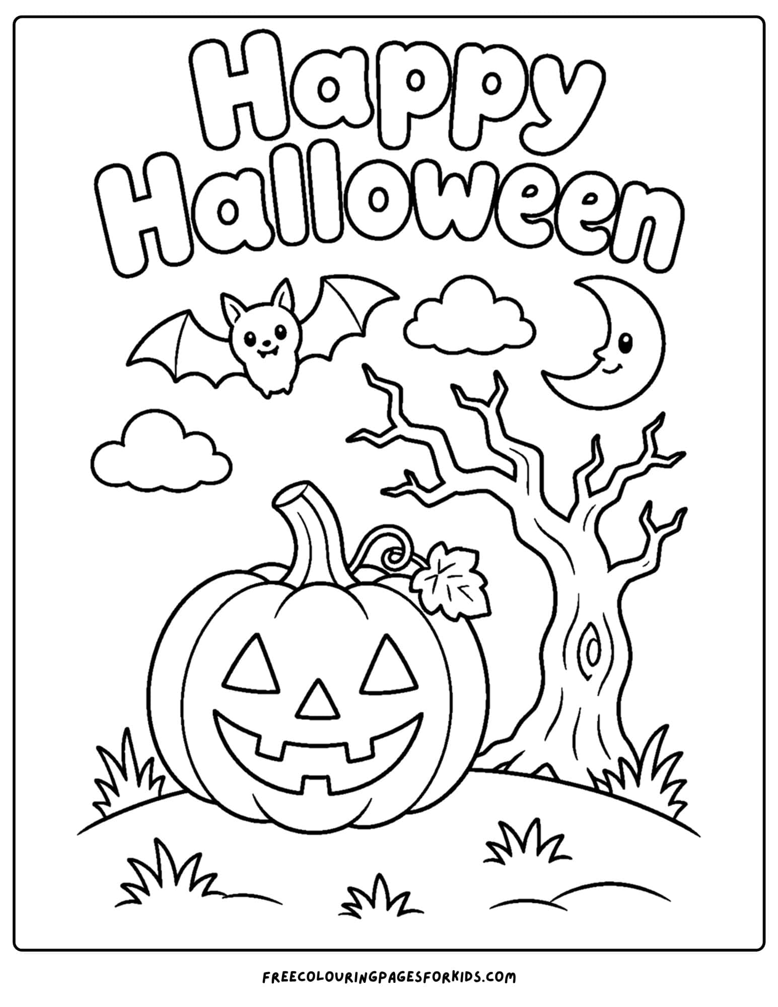 a halloween coloring page of a pumpkin on a hill with a spooky tree behind