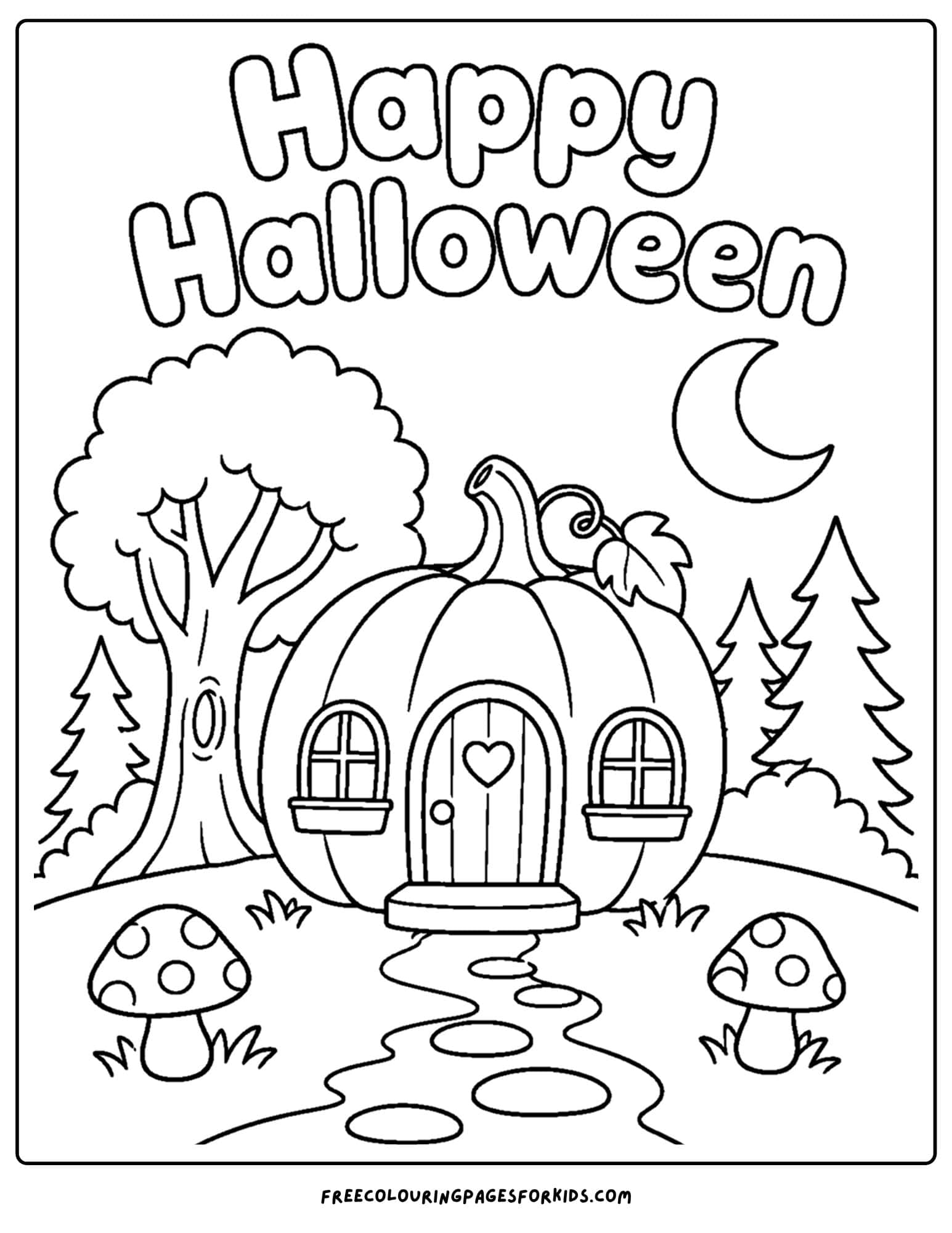 a halloween coloring page of a pumpkin house in the woods