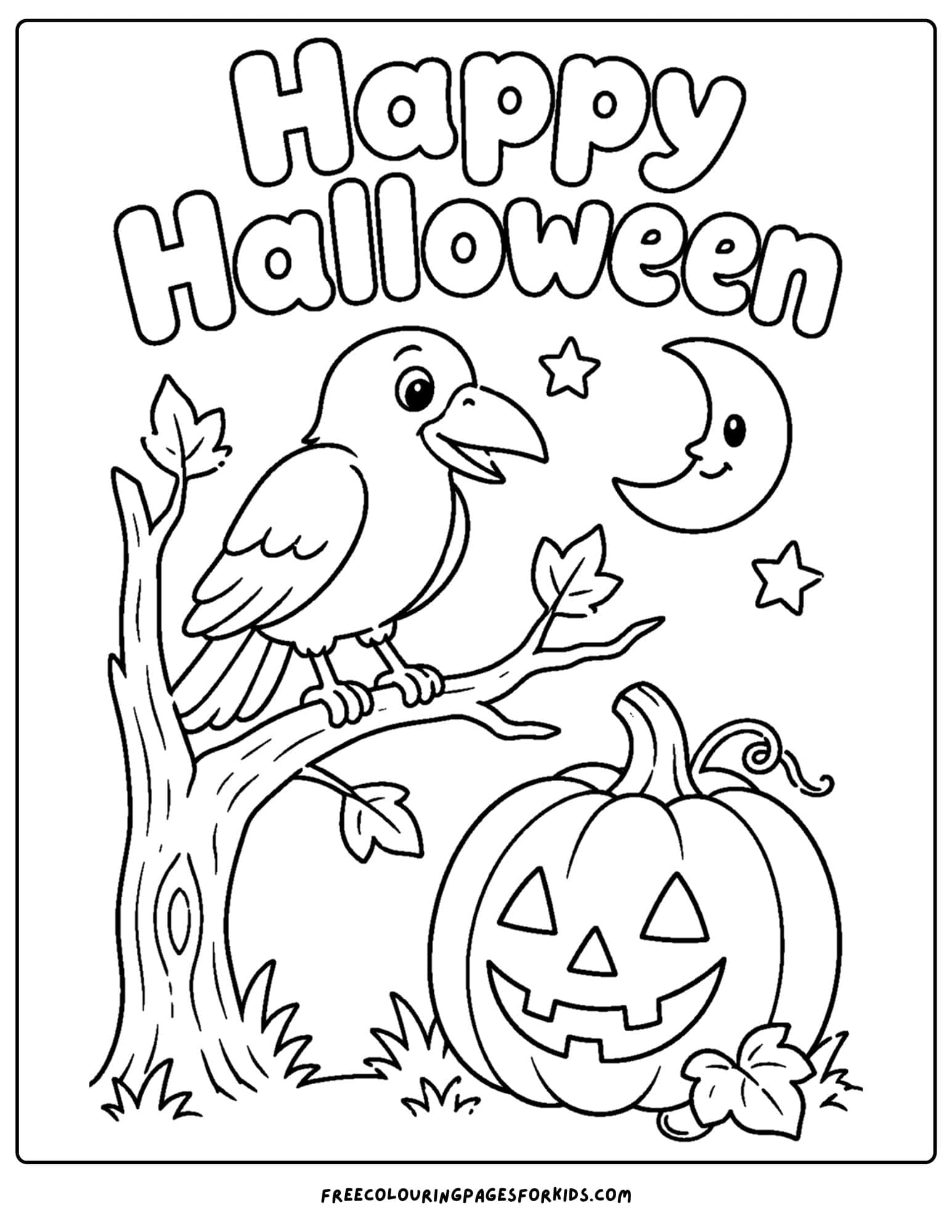 a halloween coloring page of a raven on a tree branch looking at a pumpkin