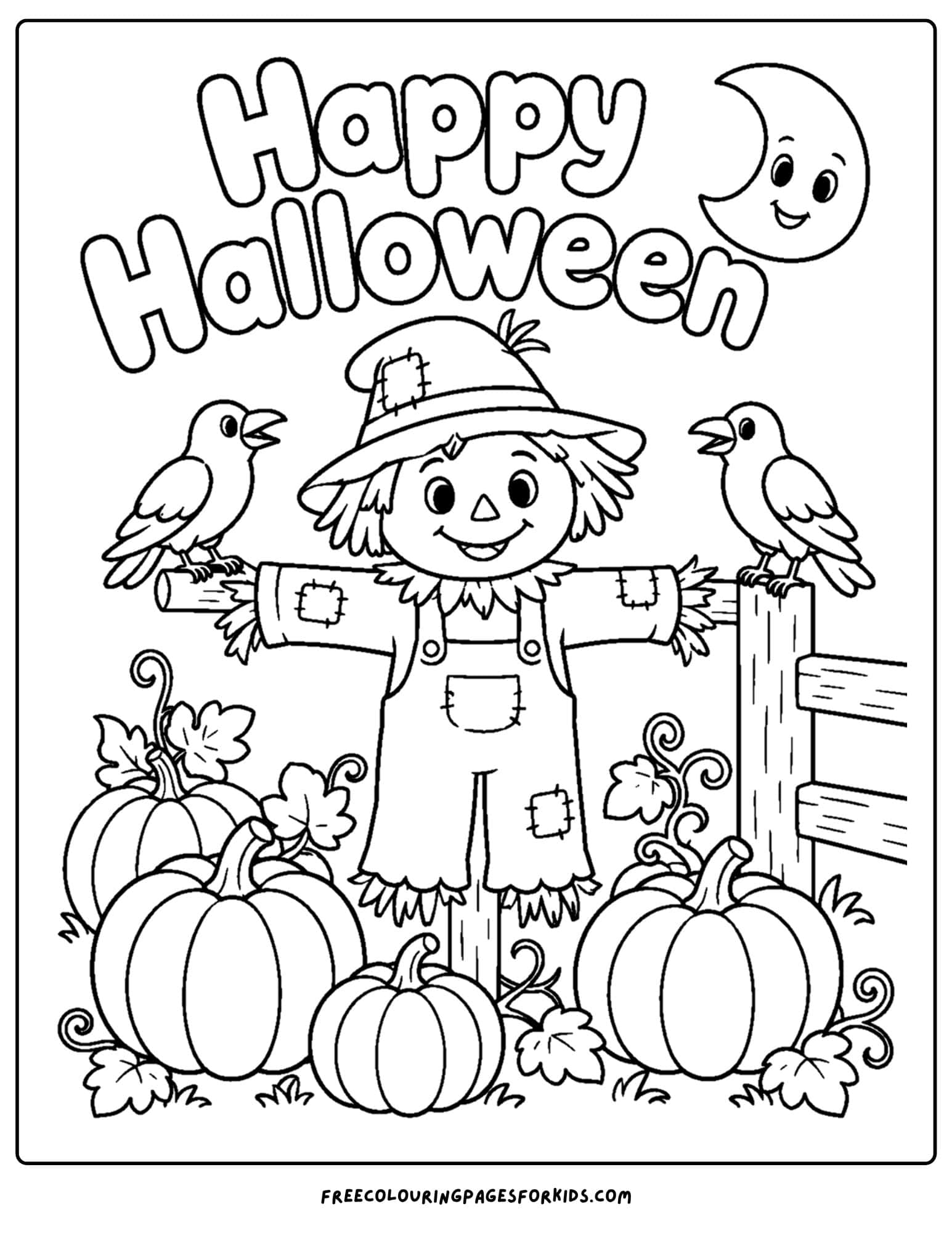 a halloween coloring page of a scarecrow in a pumpkin field