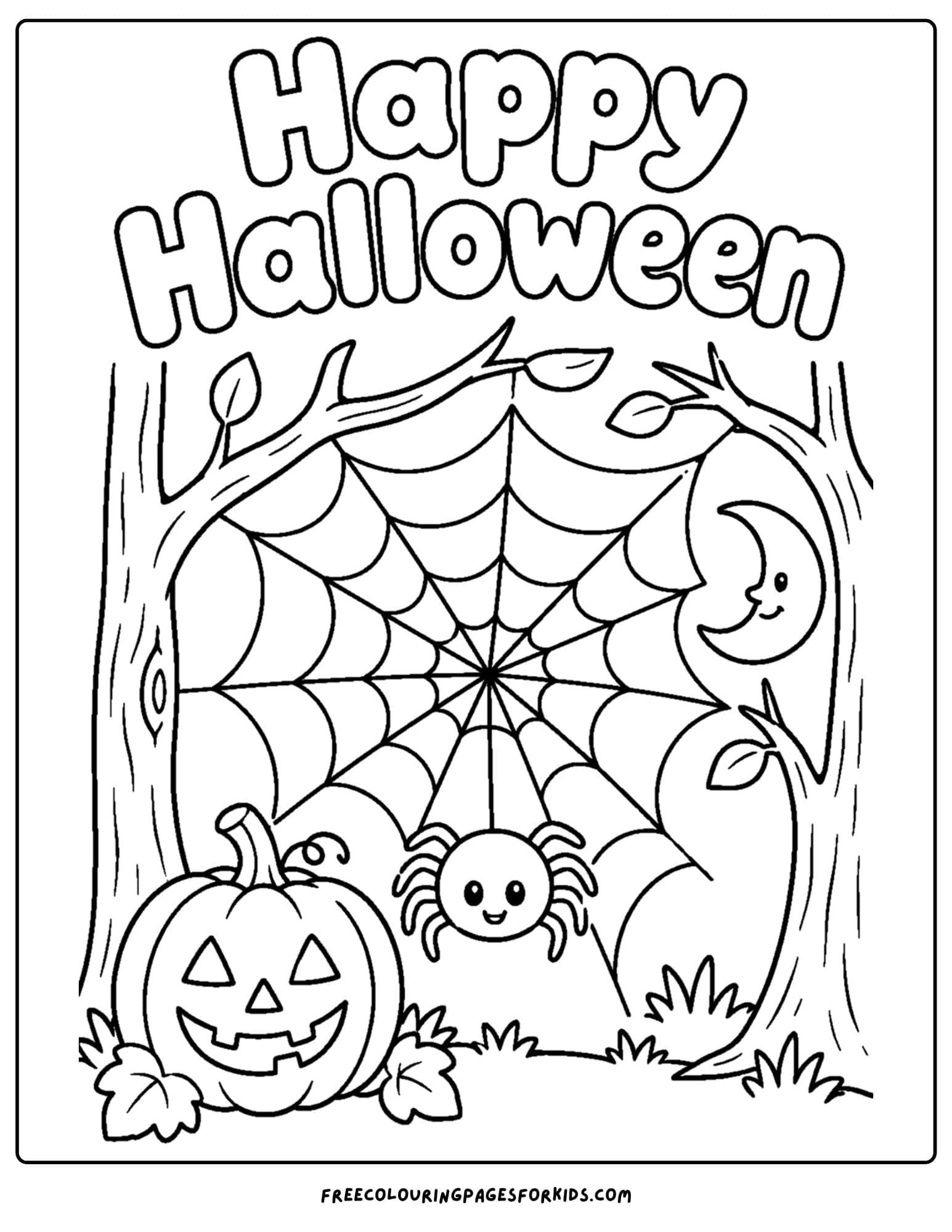 a halloween coloring page of a giant spiderweb between trees
