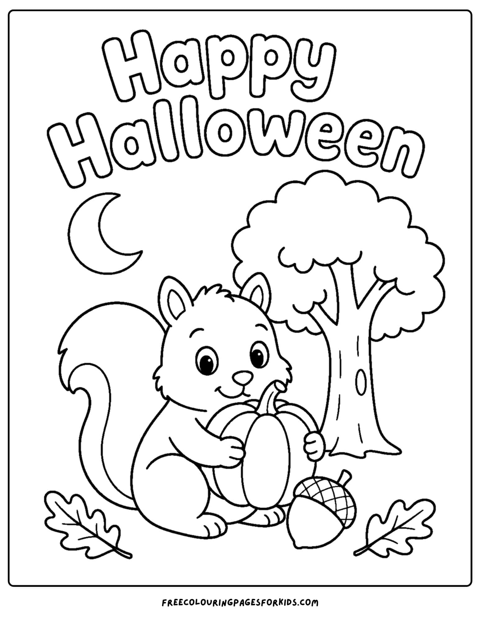 a halloween coloring page of a squirrel hugging a pumpkin