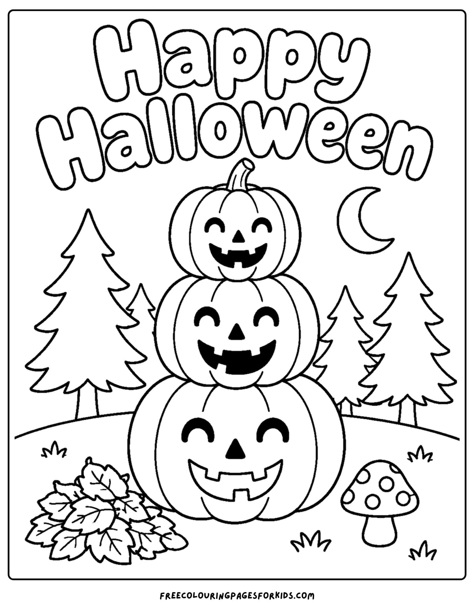 a halloween coloring page of a stack of pumpkins in a forest