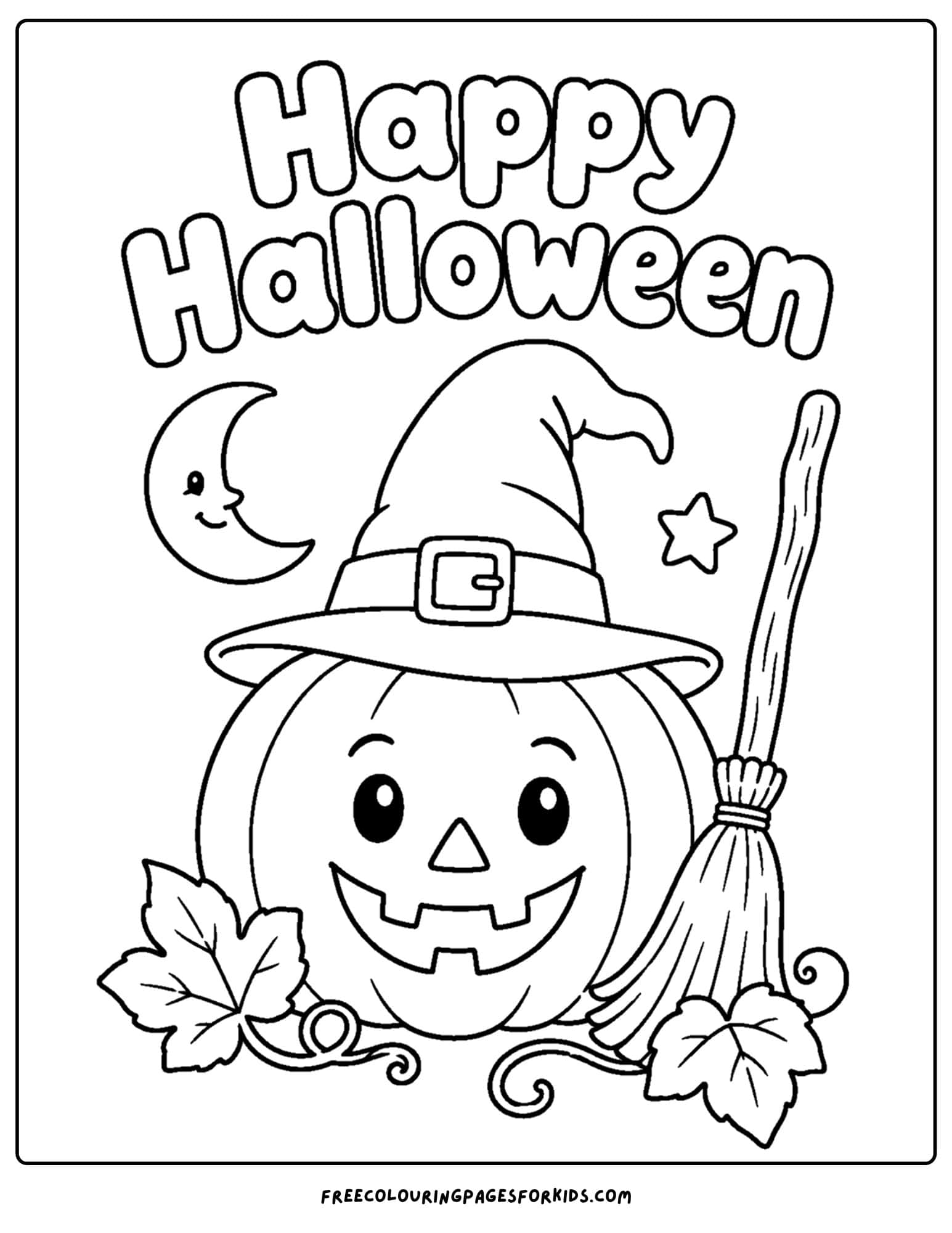 a halloween coloring page of a pumpkin wearring a witches hat