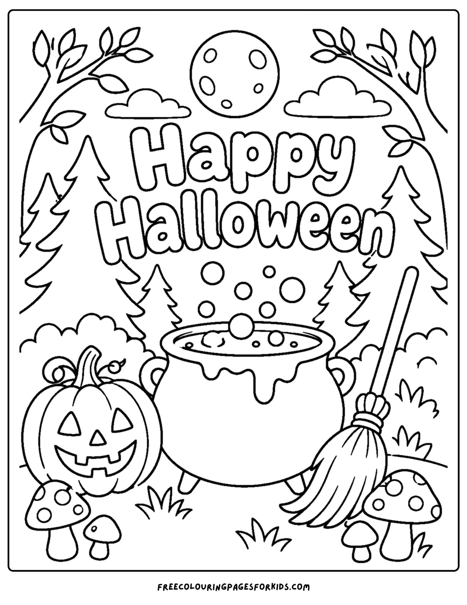 a halloween coloring page of a bubbling cauldron in a spooky scene in the woods