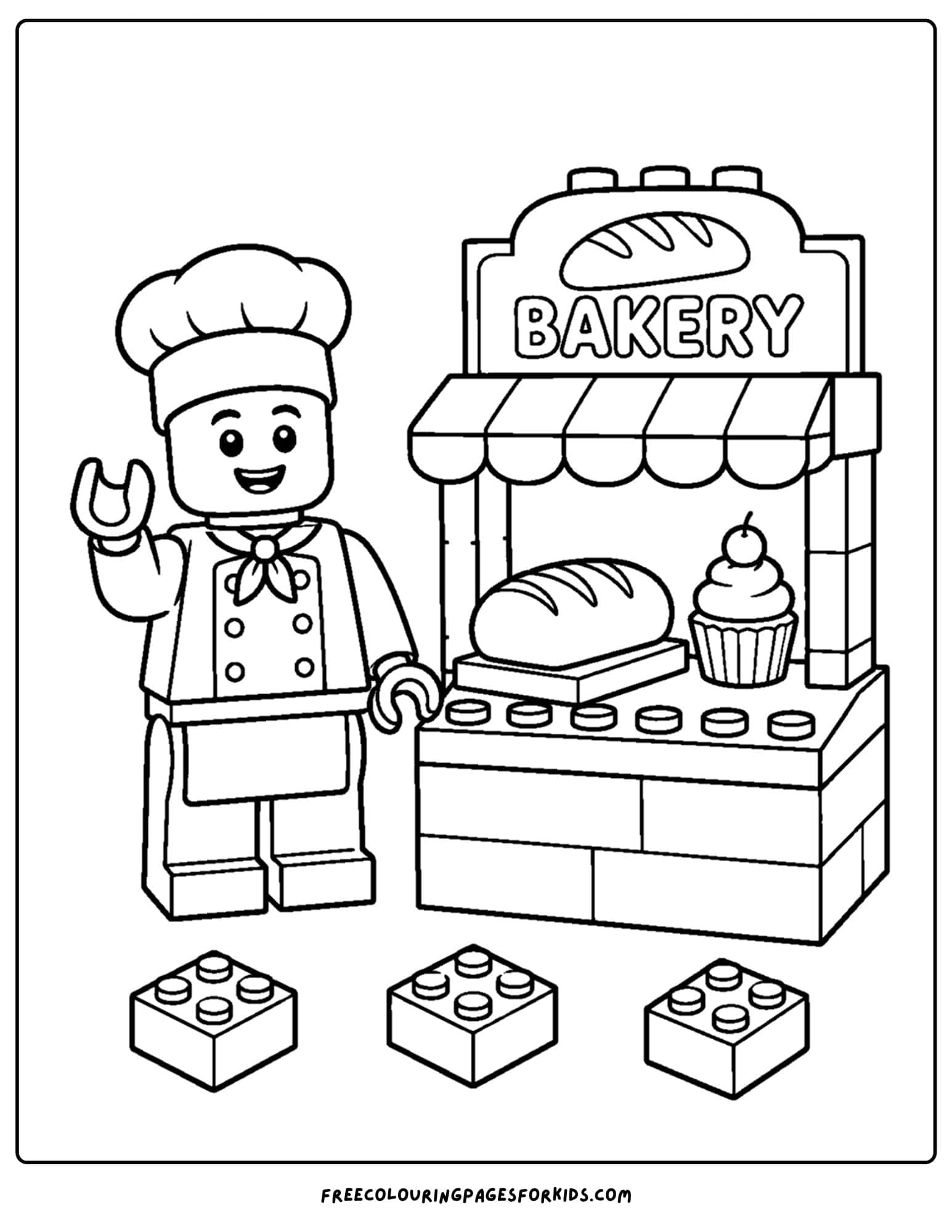 a lego coloring page of a bakery and baker
