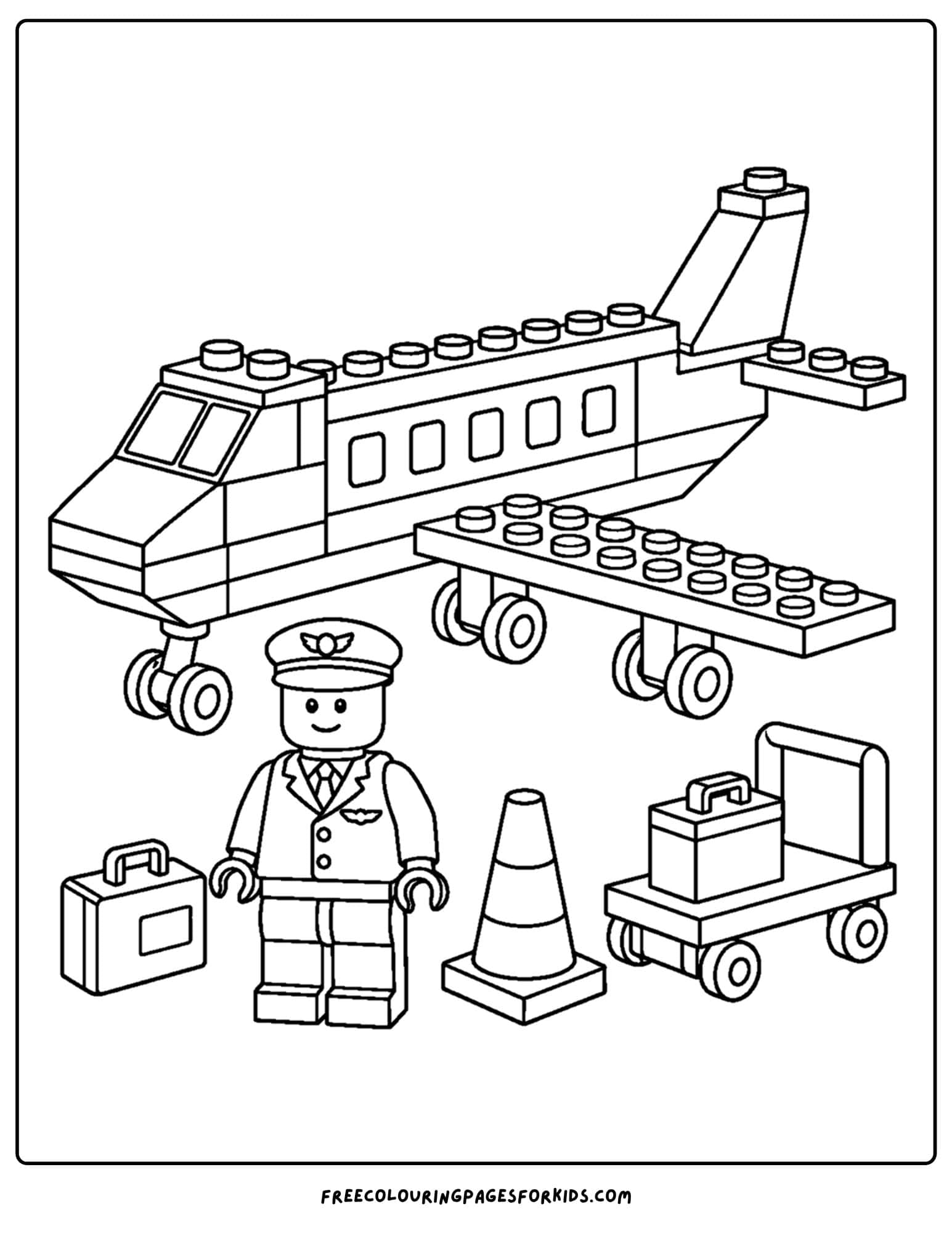 a lego coloring page of an airplane and pilot