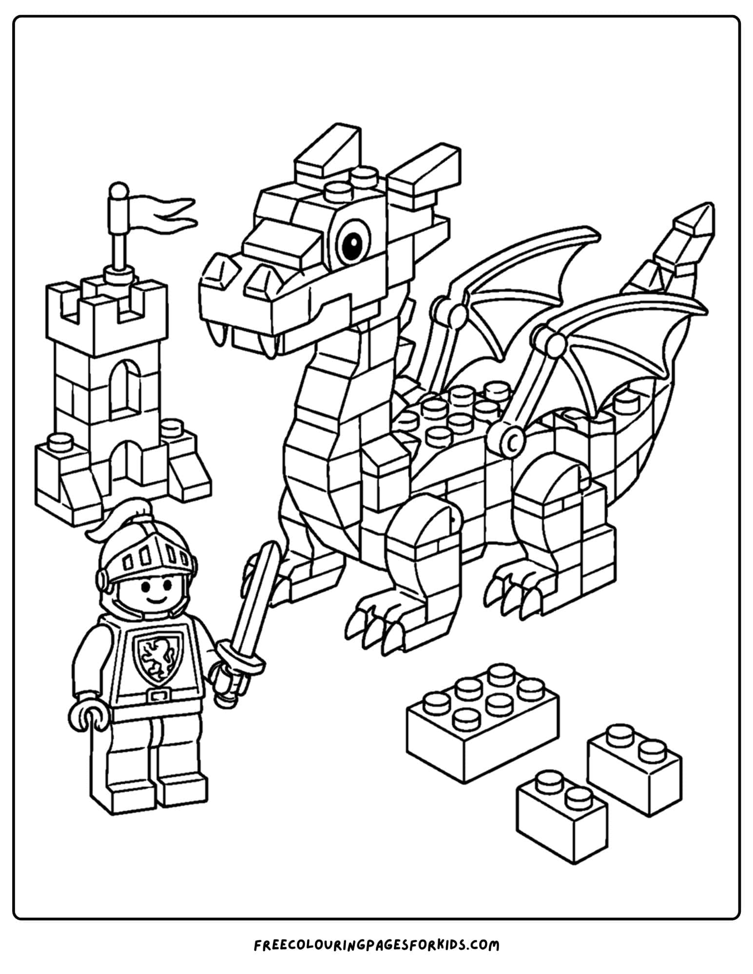a lego coloring page of a dragon with a knight