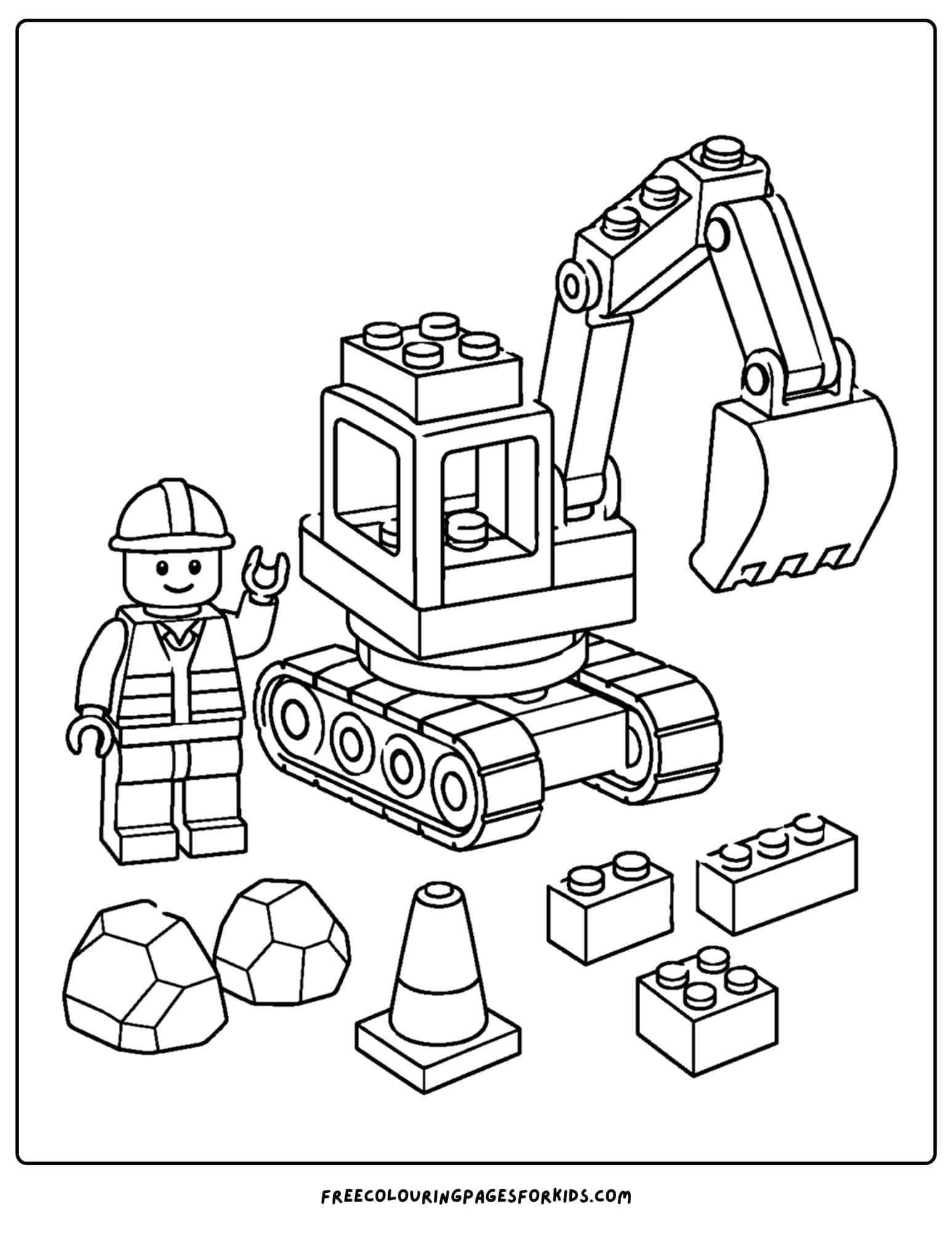 a lego coloring page of an excavator and worker