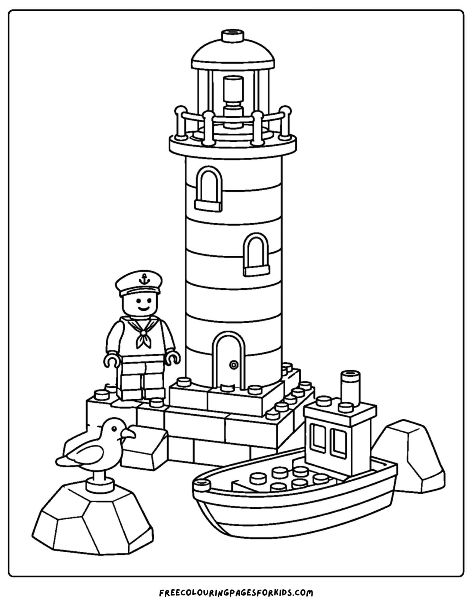 a lego coloring page of a lighthouse and boat with the lighthouse keeper