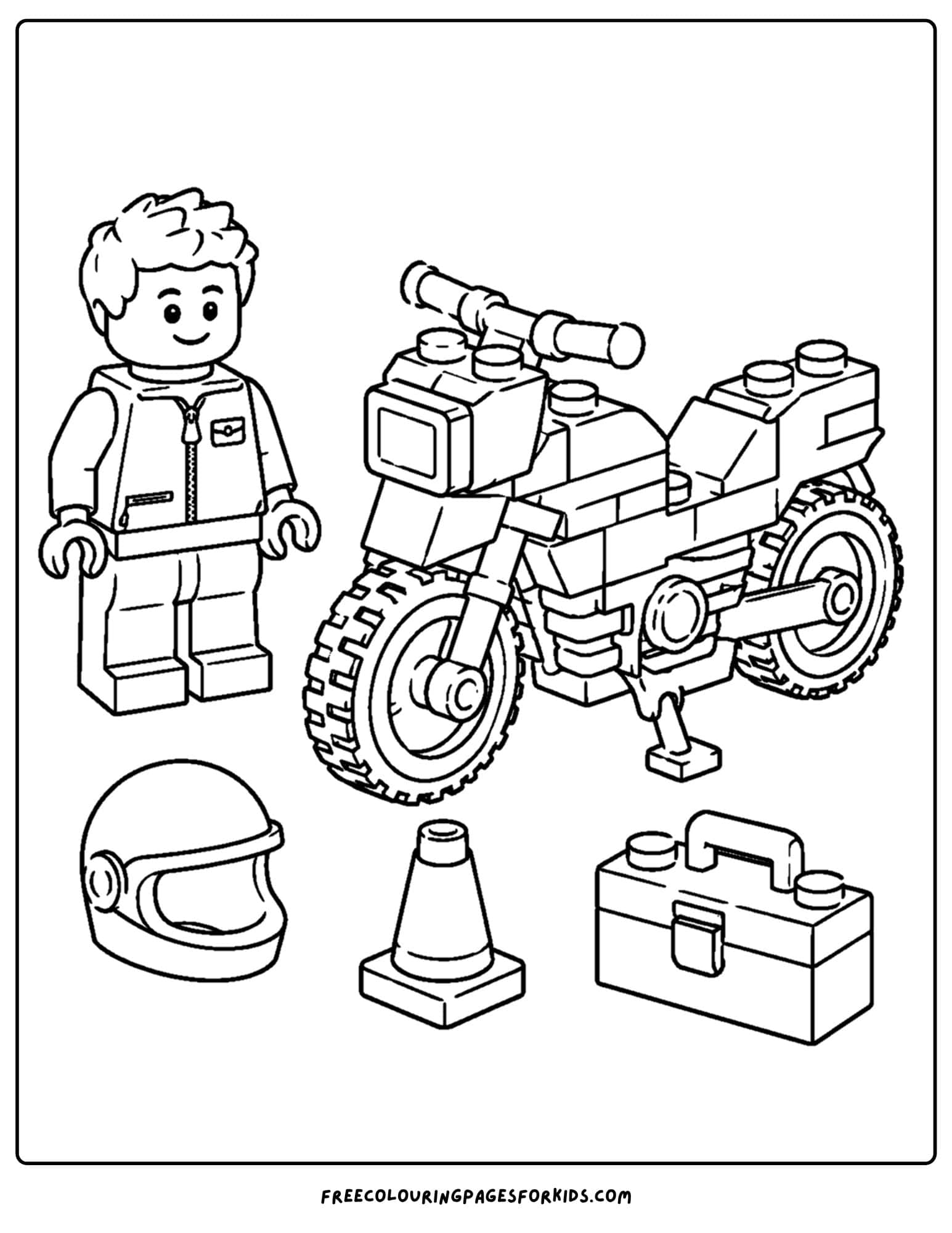 a lego coloring page of a motorbike and rider