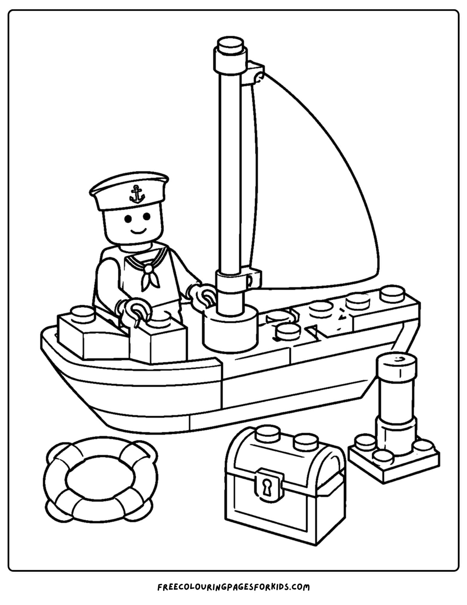 a lego coloring page of a sailboat and sailor