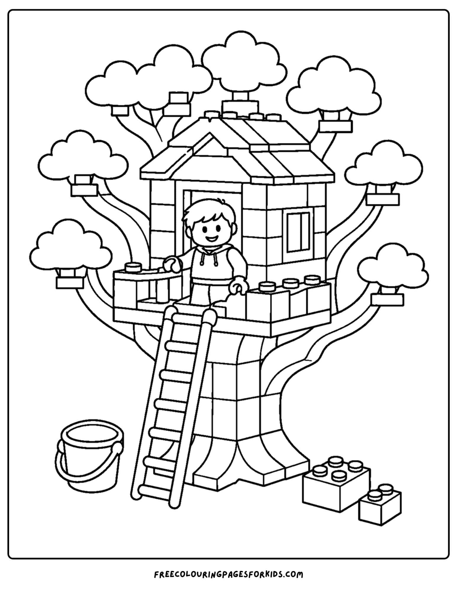a lego coloring page of a treehouse with child inside