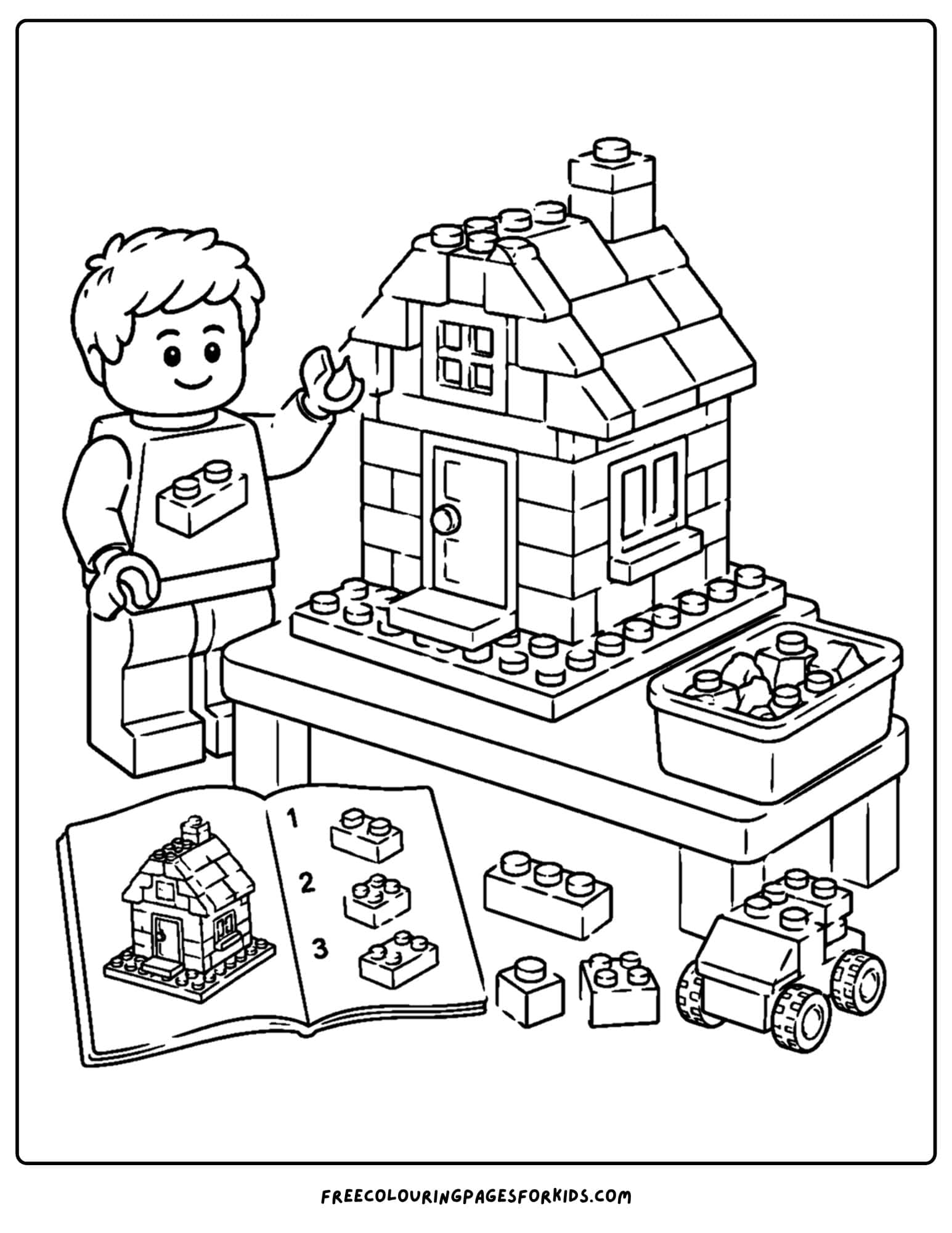 a lego coloring page of a child building a big house on a lego table