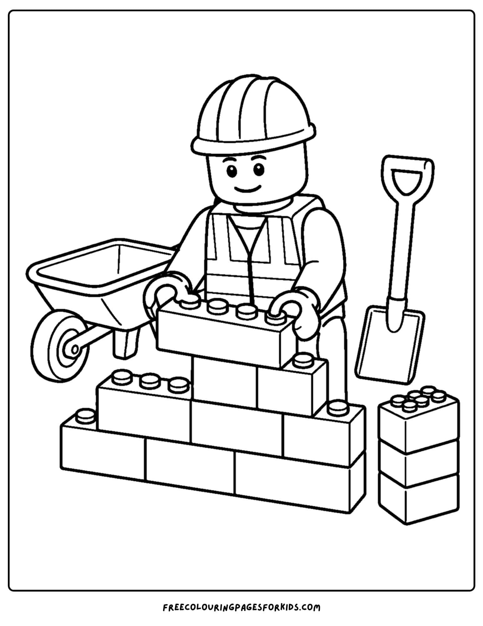 a lego coloring page of a construction worker building a brick wall