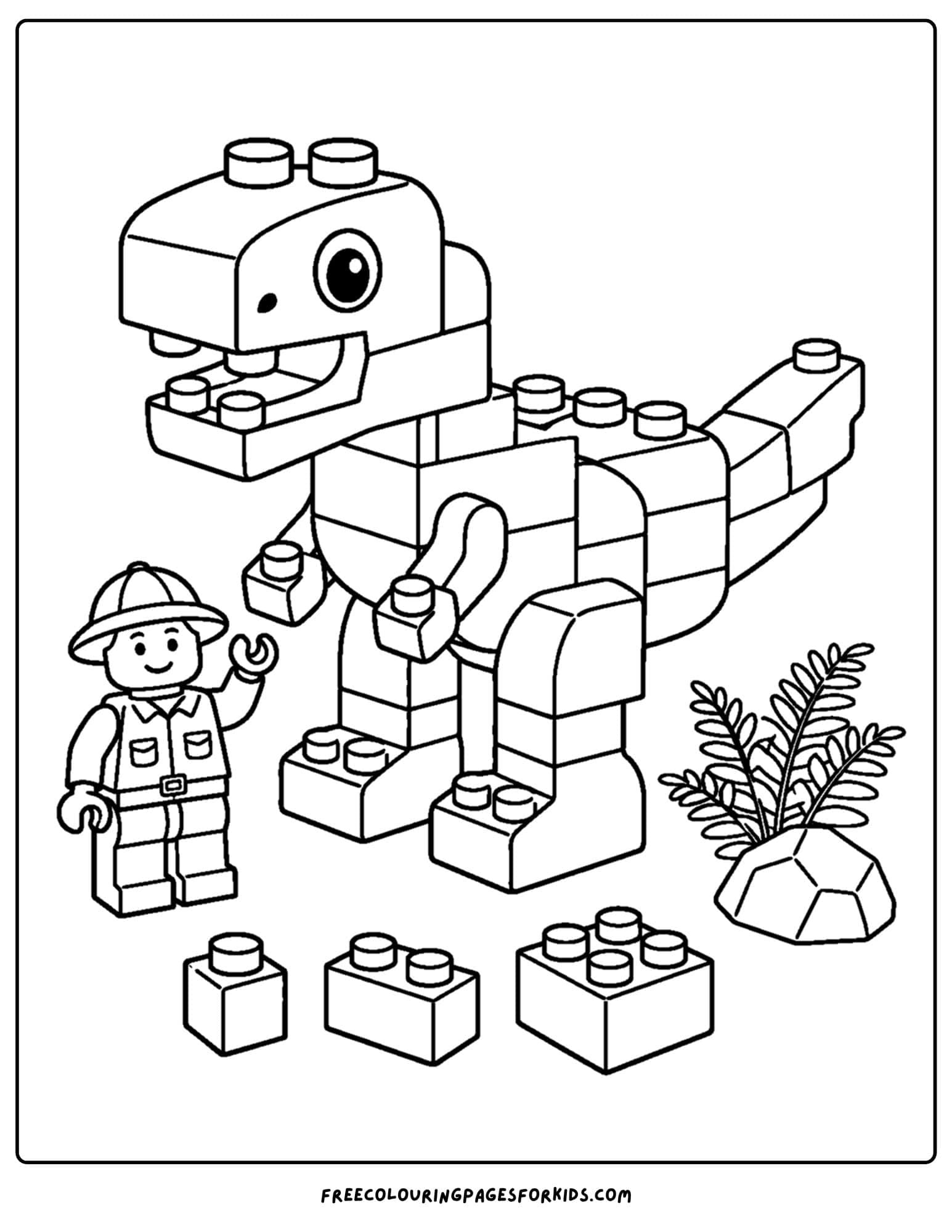 a lego coloring page of a dinosaur and explorer