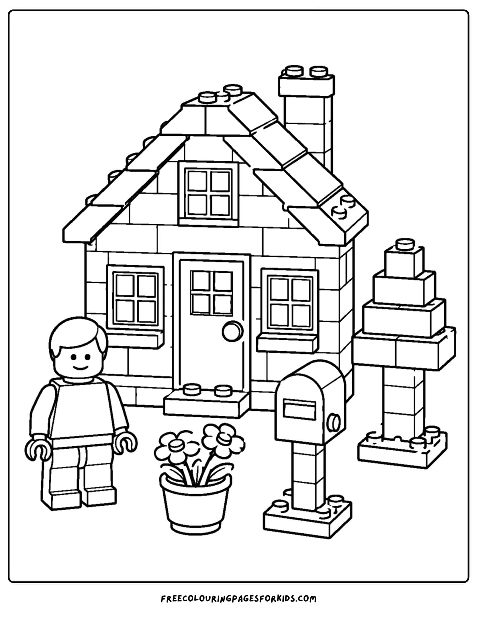 a lego coloring page of a family house and garden
