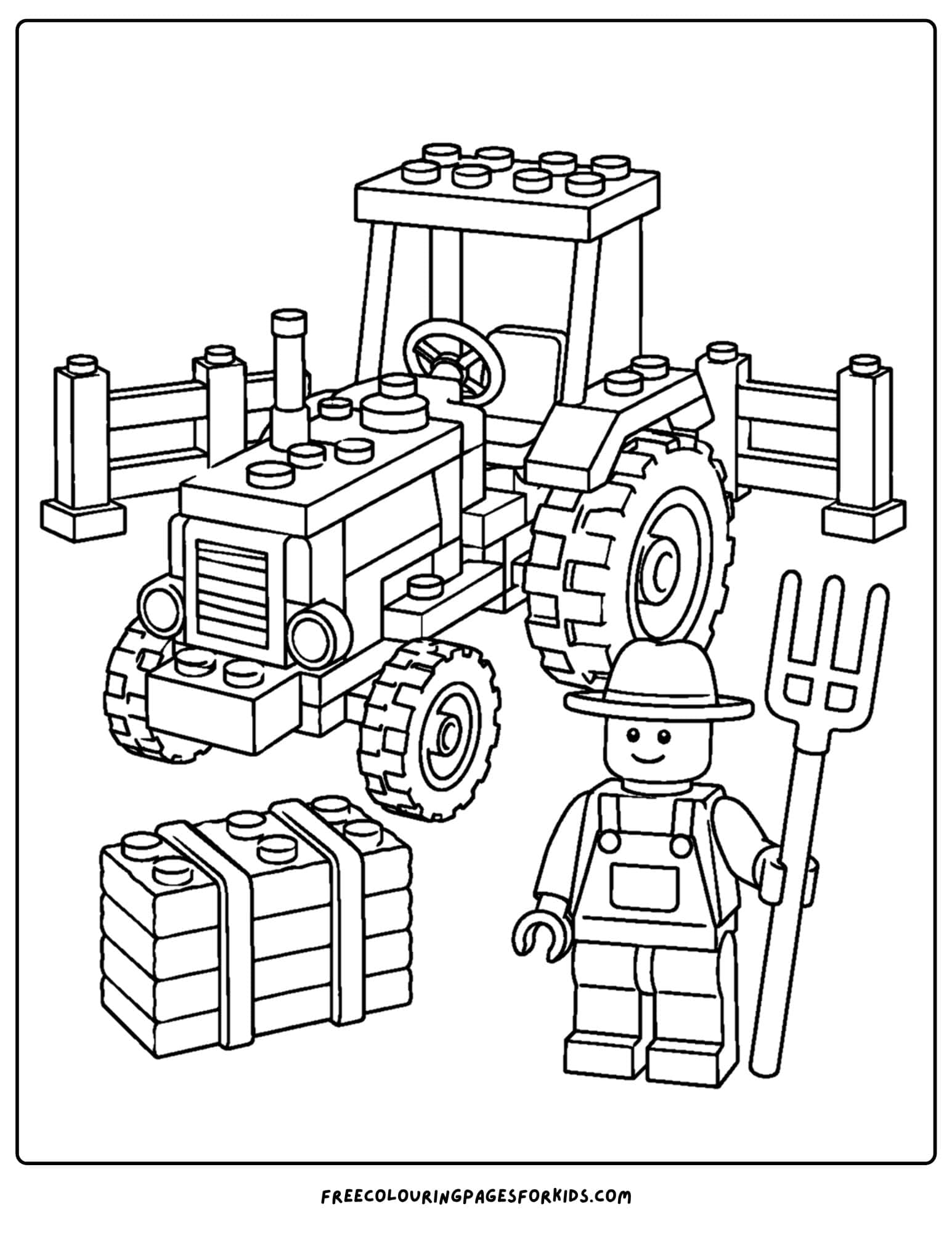 a lego coloring page of a farm tractor with farmer and hay bale