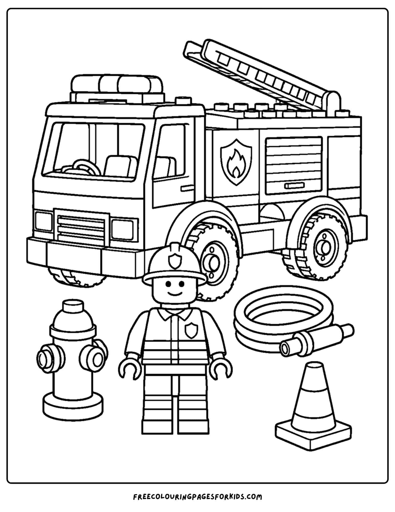 a lego coloring page of a fire truck with fire fighter