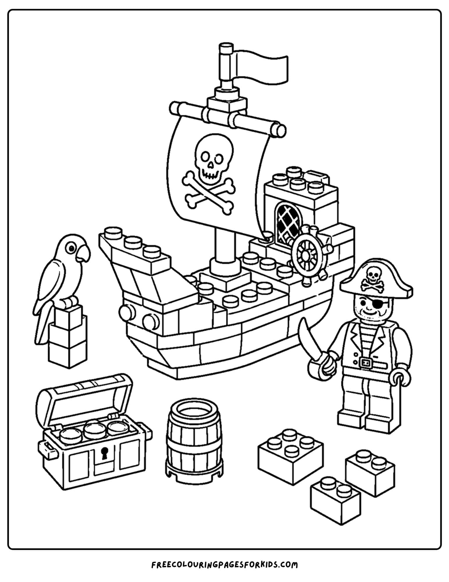 a lego coloring page of a pirate ship and pirate captain