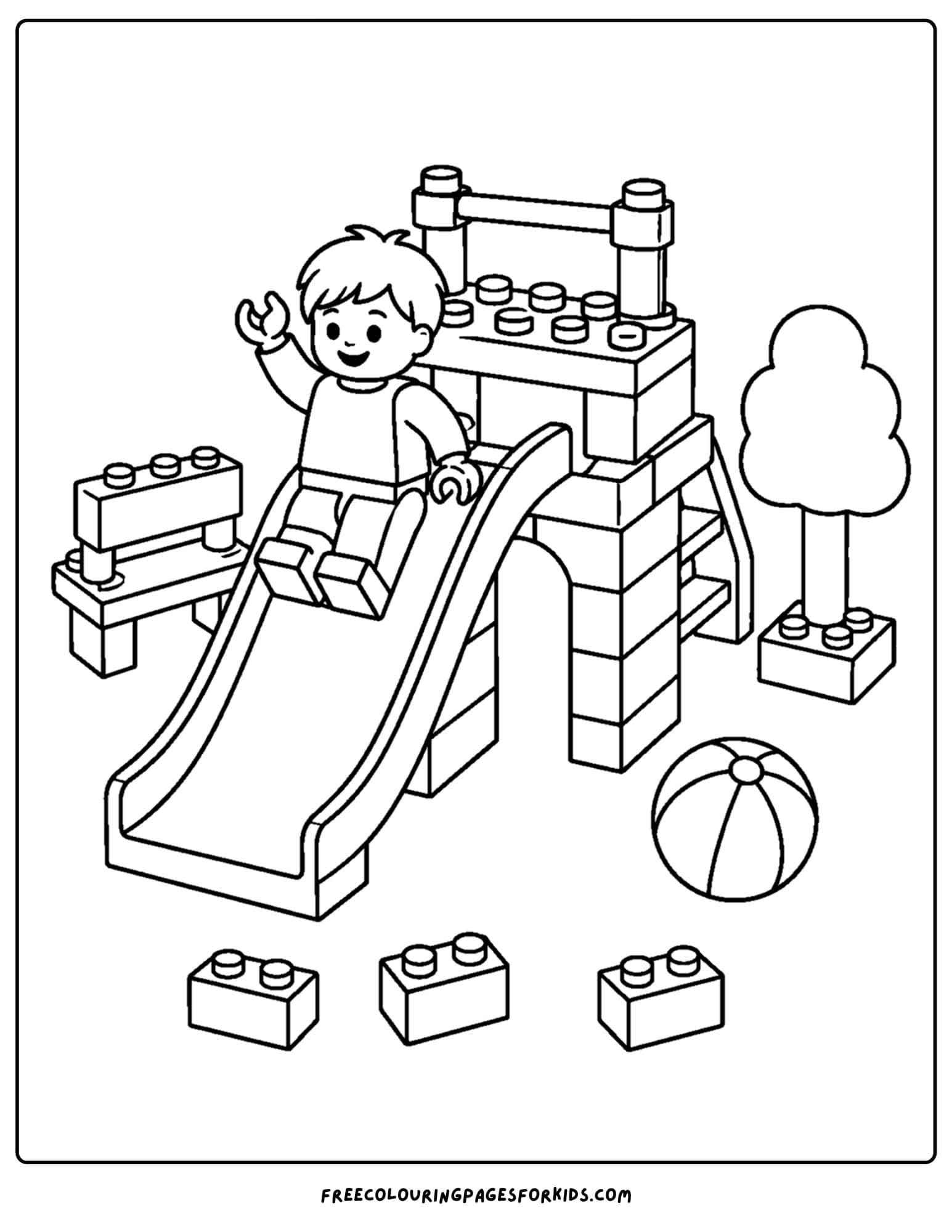 a lego coloring page of a playground slide and child