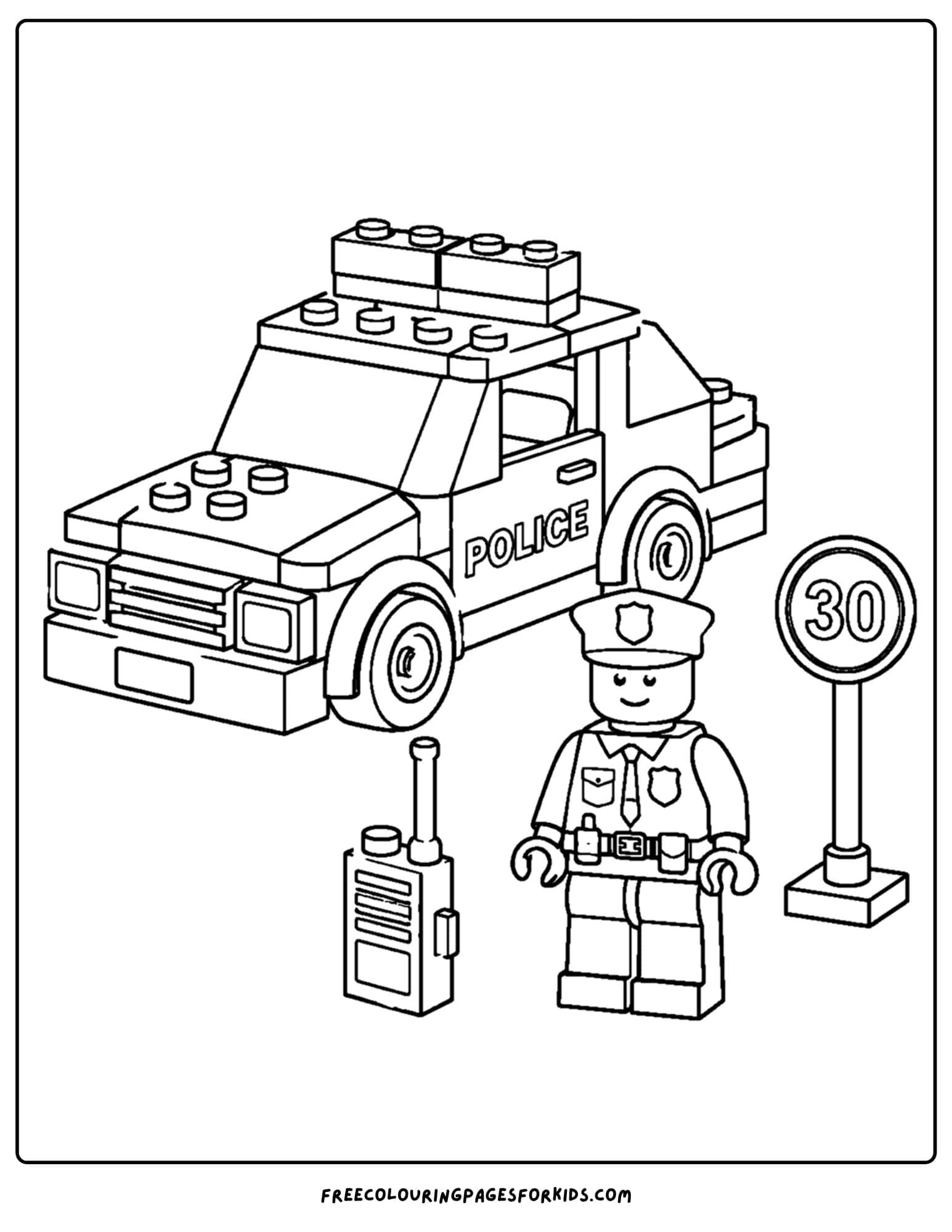 a lego coloring page of a police car and officer
